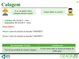 Calagem
39
Recomendação Técnica Consideração
Não há necessidade de realizar calagem
O solo estava apto ao desenvolvimento do
milho grão.
E se eu quiser fazer
calagem mesmo assim?
Vamos olhar os custos!
• Calcítico: R$ 392,00 T + frete
• Dolomítico: R$ 433,00 T + frete
Preço efetivo:
Preço= (valor do calcário na fazenda *100)/PRNT
Preço= (valor do calcário na fazenda *100)/PRNT
 