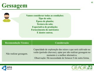 Gessagem
41
Recomendação Técnica Consideração
Não realizar gessagem.
Capacidade de exploração das raízes e que será cultivado no
verão (período chuvoso), optar por não realizar gessagem no
momento é a melhor alternativa.
Observação: Há necessidade de fornecer S de outra forma.
Vamos considerar todas as condições:
Tipo de solo;
Época de plantio;
Textura do solo;
Expectativa de produção;
Fornecimento de nutrientes
E dentre outras.
 