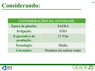 Considerando:
49
CONSIDERAÇÕES DAATIVIDADE:
Época de plantio: SAFRA
Irrigação: NÃO
Expectativa de
produção:
12 T/ha
Tecnologia: Média
Correções: Produtor irá realizar todas
 