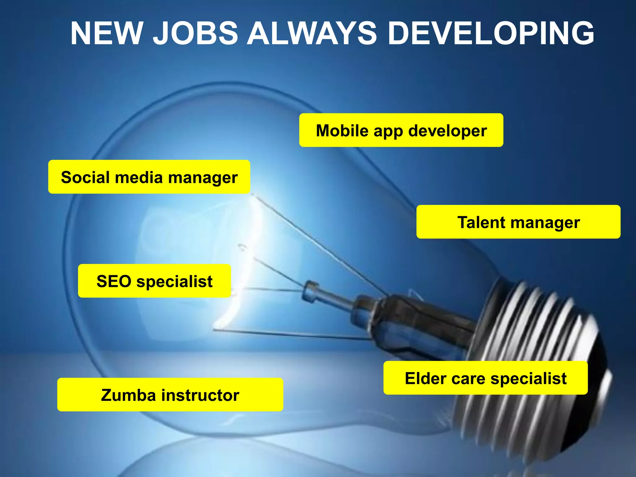 Social media manager 
SEO specialist 
Zumba instructor 
Mobile app developer 
Talent manager 
Elder care specialist 
NEW JOBS ALWAYS DEVELOPING  