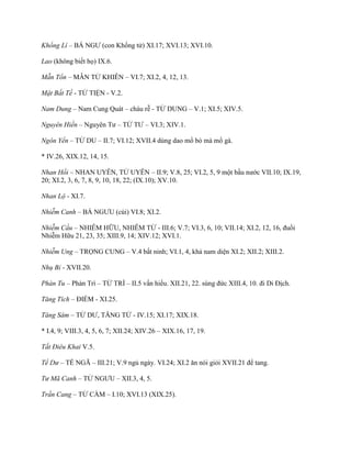 Khổng Lí – BÁ NGƢ (con Khổng tử) XI.17; XVI.13; XVI.10.
Lao (không biết họ) IX.6.
Mẫn Tổn – MẪN TỬ KHIÊN – VI.7; XI.2, 4, 12, 13.
Mật Bất Tề - TỬ TIỆN - V.2.
Nam Dung – Nam Cung Quát – cháu rễ - TỬ DUNG – V.1; XI.5; XIV.5.
Nguyên Hiến – Nguyên Tƣ – TỬ TƢ – VI.3; XIV.1.
Ngôn Yển – TỬ DU – II.7; VI.12; XVII.4 dùng dao mổ bò mà mổ gà.
* IV.26, XIX.12, 14, 15.
Nhan Hồi – NHAN UYÊN, TỬ UYÊN – II.9; V.8, 25; VI.2, 5, 9 một bầu nƣớc VII.10; IX.19,
20; XI.2, 3, 6, 7, 8, 9, 10, 18, 22; (IX.10); XV.10.
Nhan Lộ - XI.7.
Nhiễm Canh – BÁ NGƢU (cùi) VI.8; XI.2.
Nhiễm Cầu – NHIỄM HỮU, NHIỄM TỬ - III.6; V.7; VI.3, 6, 10; VII.14; XI.2, 12, 16, đuổi
Nhiễm Hữu 21, 23, 35; XIII.9, 14; XIV.12; XVI.1.
Nhiễm Ung – TRỌNG CUNG – V.4 bất ninh; VI.1, 4, khả nam diện XI.2; XII.2; XIII.2.
Nhụ Bỉ - XVII.20.
Phàn Tu – Phàn Trì – TỬ TRÌ – II.5 vấn hiếu. XII.21, 22. sùng đức XIII.4, 10. đi Di Địch.
Tăng Tích – ĐIỂM - XI.25.
Tăng Sâm – TỬ DƢ, TĂNG TỬ - IV.15; XI.17; XIX.18.
* I.4, 9; VIII.3, 4, 5, 6, 7; XII.24; XIV.26 – XIX.16, 17, 19.
Tất Điêu Khai V.5.
Tể Dư – TỂ NGÃ – III.21; V.9 ngủ ngày. VI.24; XI.2 ăn nói giỏi XVII.21 để tang.
Tư Mã Canh – TỬ NGƢU – XII.3, 4, 5.
Trần Cang – TỬ CẦM – I.10; XVI.13 (XIX.25).
 