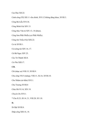 Cao Dao XII.22.
Cảnh công (Tề) XII.11 vấn chính, XVI.12 không đáng khen, XVIII.3.
Công Bá Liễu XVI.36.
Công Minh Giả XIV.13.
Công thúc Văn tử XIV.13, 18 (khen).
Công Sơn Phất Nhiễu (coi Phất Nhiễu).
Công tôn Triều (Vệ) XIX.22.
Cơ tử XVIII.1.
Củ (công tử) XIV.16, 17.
Cừ Bá Ngọc XIV.25.
Cúc Tử Thành XII.8.
Cử Phủ XIII.17.
CH.
Chí (nhạc sƣ) VIII.15, XVIII.9.
Chu công VII.5 (mộng), VIII.11, XI.16, XVIII.10.
Chu Nhâm (sử thần) XVI.1.
Chu Trƣơng XVIII.8
Chúc Đà VI.14, XIV.19.
Chuyên Du XVI.1.
* Chu II.23, III.14, 21, VIII.20, XV.10.
D.
Di Dật XVIII.8.
Diệp công XIII.16, 18.
 