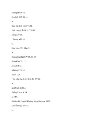 Dƣơng Hoá XVII.1.
Di, Địch III.5, IX.13.
Đ.
Đam Đài Diệt Minh VI.12.
Định công (Lỗ) III.19, XIII.15.
Đằng XIV.11.
* Đƣờng VIII.20.
G.
Giản công (Tề) XIV.21.
H.
Hoàn công (Tề) XIV.15, 16, 17.
Hoàn Khôi VII.22.
Hoa Hạ III.5.
Hỗ (làng) VII.28.
Hà đồ IX.8.
* Hạ (nhà Hạ) II.23, III.9, 21, XV.10.
K.
Kiệt Nịch XVIII.6.
Khổng Văn tử V.14.
Kỉ III.9.
Khuông IX.5 ngƣời Khuông làm gì đƣợc ta. XI.22.
Khuyết (làng) XIV.45.
L.
 