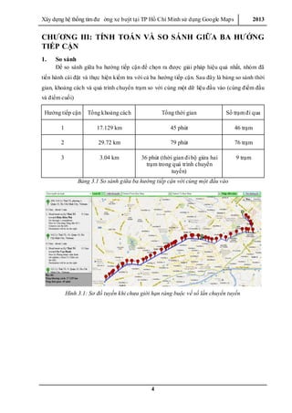 Xây dƣ̣ng hê ̣thống tìm đƣ ờng xe buýt tại TP Hồ Chí Minh sử dụng Google Maps 2013
4
CHƯƠNG III: TÍNH TOÁN VÀ SO SÁNH GIỮA BA HƯỚNG
TIẾP CẬN
1. So sánh
Để so sánh giữa ba hƣớng tiếp cận để chọn ra đƣợc giải pháp hiệu quả nhất, nhóm đã
tiến hành cài đặt và thực hiện kiểm tra với cả ba hƣớng tiếp cận. Sau đây là bảng so sánh thời
gian, khoảng cách và quá trình chuyển trạm so với cùng một dữ liệu đầu vào (cùng điểm đầu
và điểm cuối)
Hƣớng tiếp cận Tổng khoảng cách Tổng thời gian Số trạm đi qua
1 17.129 km 45 phút 46 trạm
2 29.72 km 79 phút 76 trạm
3 3.04 km 36 phút (thời gian đi bộ giửa hai
trạm trong quá trình chuyển
tuyến)
9 trạm
Bảng 3.1 So sánh giữa ba hướng tiếp cận với cùng một đầu vào
Hình 3.1: Sơ đồ tuyến khi chưa giới hạn ràng buộc về số lần chuyển tuyến
 