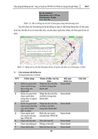 Xây dƣ̣ng hê ̣thống tìm đƣ ờng xe buýt tại TP Hồ Chí Minh sử dụng Google Maps 2013
28
Hình 7.4: Mô tả thông tin chi tiết về thơi gian cũng như khoảng cách
Sau khi chọn nút Tìm đƣờng đi thì hệ thống sẽ hiện ra một bảng thông báo về thời gian
đi từ lúc bắt đầu đi ra tới trạm đầu tiên, sau đó chọn tuyến bao nhiêu, rồi thời gian đi bộ về
đích.
Hình 7.5: Bảng mô tả chi tiết thời gian đi bộ, số tuyến cần đón và số thời gian về đích
3. Các testcase đã kiểm tra
Testcase kiểm tra ở website
STT Chức năng Tham số đầu vào/Sự
kiện
Kết quả
kiểm tra
Ghi chú
1 Kiểm tra quá trình
chọn tuyến trong
khu trung tâm
thành phố
Nhập hai địa chỉ đầu
và đích ở trung tâm
thành phố
Hoàn thành
2 Kiểm tra quá trình
chọn tuyến khu
trung tâm và ngoài
thành phố
Nhập hai địa chỉ đầu
và đích ở trung tâm
thành phố
Hoàn thành
3 Kiểm tra quá trình
chọn tuyến hai khu
vực nội ô thành
phố xa nhau
Nhập hai địa chỉ đầu
và đích ở hai khu
trung tâm thành phố
Hoàn thành
4 Chọn danh sách
các tuyến trên địa
bàn TPHCM
Hiển thị các tuyến
trên địa bàn TPHCM
Hoàn thành
5 Chọn nút thu nhỏ Thu nhỏ bản đồ Hoàn thành
6 Chọn nút phóng to Phóng to bản đồ Hoàn thành
7 Chọn điểm đầu Hiển thị địa chỉ sau Hoàn thành
 