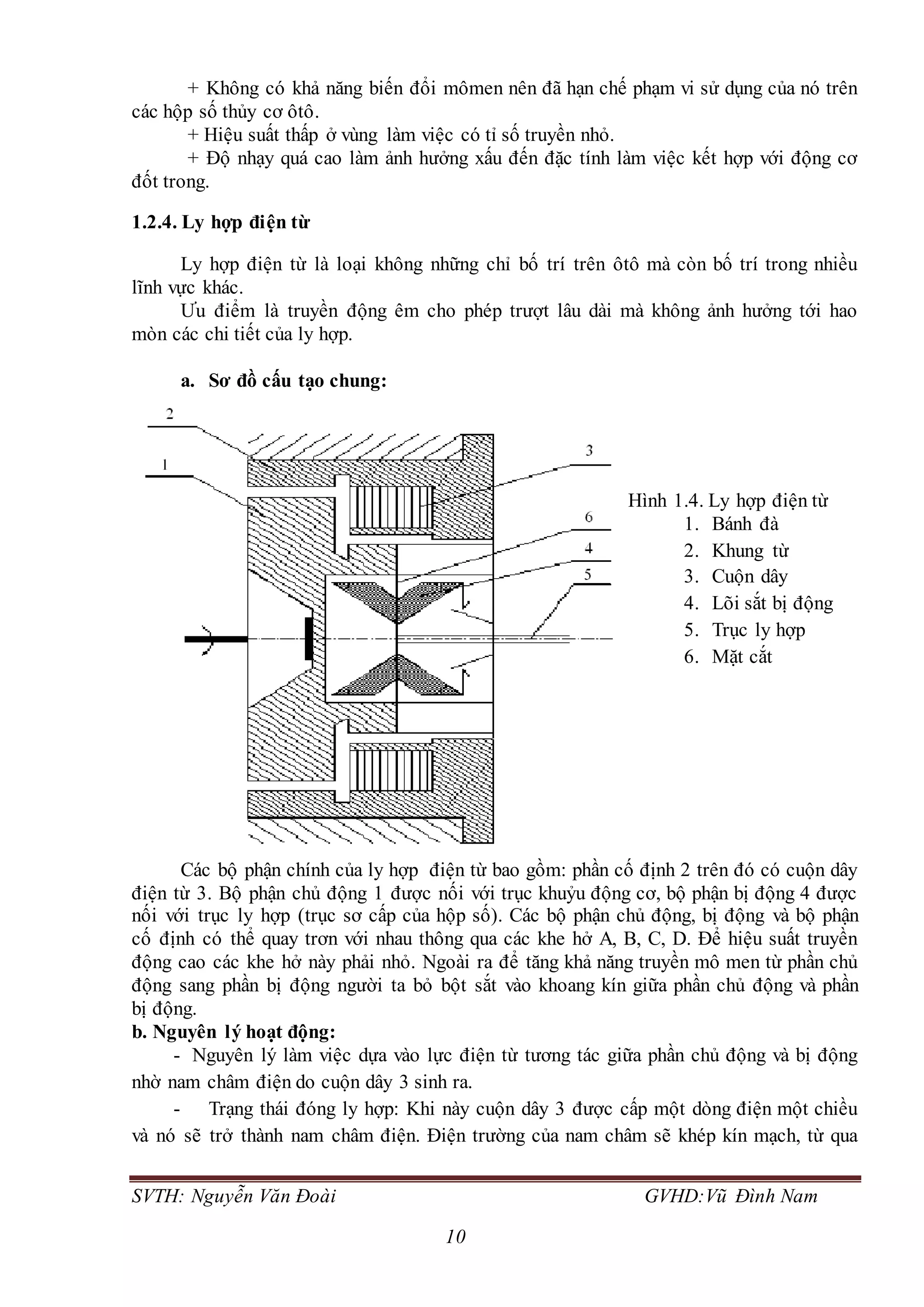 SVTH: Nguyễn Văn Đoài GVHD:Vũ Đình Nam
10
+ Không có khả năng biến đổi mômen nên đã hạn chế phạm vi sử dụng của nó trên
các hộp số thủy cơ ôtô.
+ Hiệu suất thấp ở vùng làm việc có tỉ số truyền nhỏ.
+ Độ nhạy quá cao làm ảnh hưởng xấu đến đặc tính làm việc kết hợp với động cơ
đốt trong.
1.2.4. Ly hợp điện từ
Ly hợp điện từ là loại không những chỉ bố trí trên ôtô mà còn bố trí trong nhiều
lĩnh vực khác.
Ưu điểm là truyền động êm cho phép trượt lâu dài mà không ảnh hưởng tới hao
mòn các chi tiết của ly hợp.
a. Sơ đồ cấu tạo chung:
Hình 1.4. Ly hợp điện từ
1. Bánh đà
2. Khung từ
3. Cuộn dây
4. Lõi sắt bị động
5. Trục ly hợp
6. Mặt cắt
Các bộ phận chính của ly hợp điện từ bao gồm: phần cố định 2 trên đó có cuộn dây
điện từ 3. Bộ phận chủ động 1 được nối với trục khuỷu động cơ, bộ phận bị động 4 được
nối với trục ly hợp (trục sơ cấp của hộp số). Các bộ phận chủ động, bị động và bộ phận
cố định có thể quay trơn với nhau thông qua các khe hở A, B, C, D. Để hiệu suất truyền
động cao các khe hở này phải nhỏ. Ngoài ra để tăng khả năng truyền mô men từ phần chủ
động sang phần bị động người ta bỏ bột sắt vào khoang kín giữa phần chủ động và phần
bị động.
b. Nguyên lý hoạt động:
- Nguyên lý làm việc dựa vào lực điện từ tương tác giữa phần chủ động và bị động
nhờ nam châm điện do cuộn dây 3 sinh ra.
- Trạng thái đóng ly hợp: Khi này cuộn dây 3 được cấp một dòng điện một chiều
và nó sẽ trở thành nam châm điện. Điện trường của nam châm sẽ khép kín mạch, từ qua
 