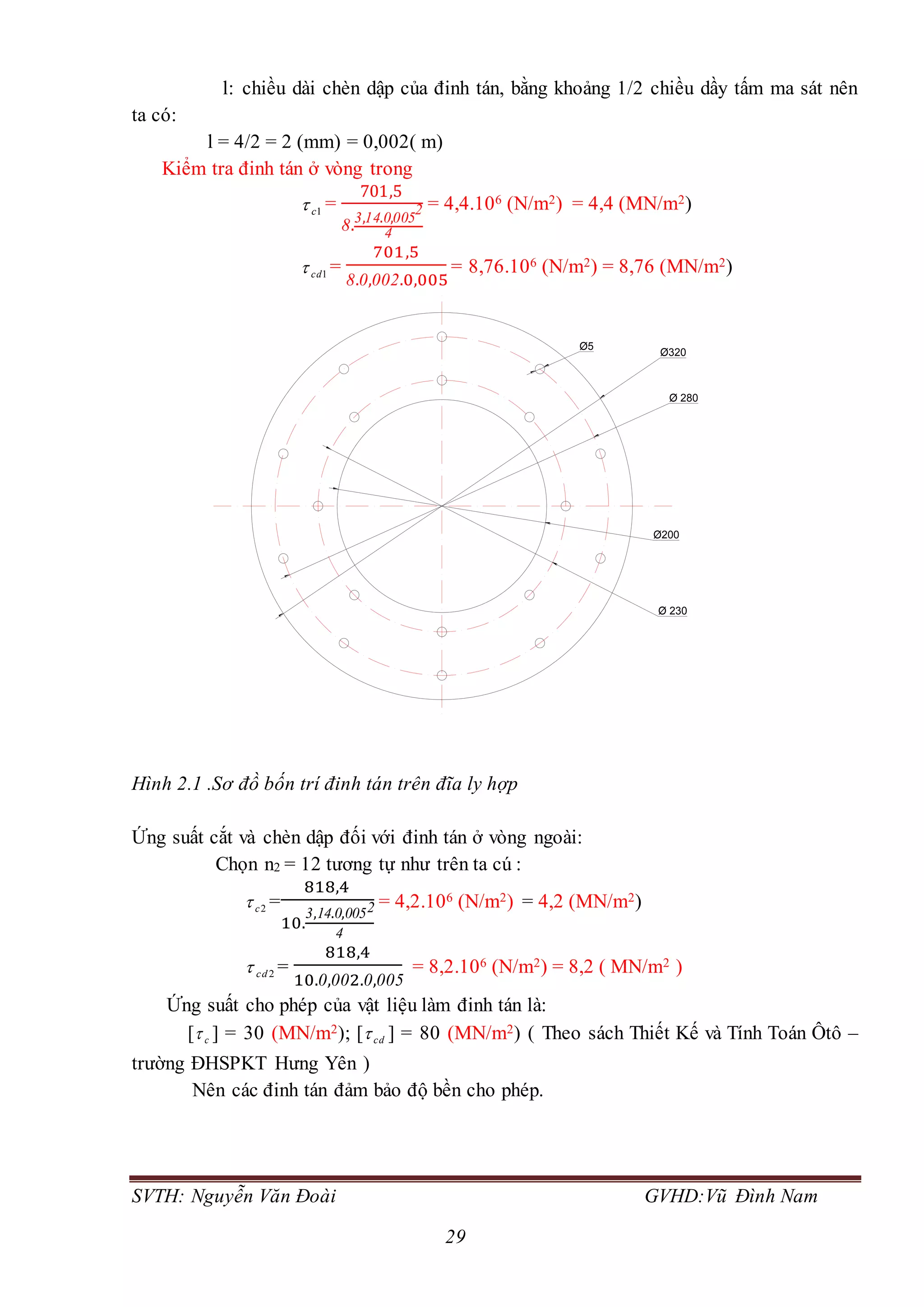 SVTH: Nguyễn Văn Đoài GVHD:Vũ Đình Nam
29
l: chiều dài chèn dập của đinh tán, bằng khoảng 1/2 chiều dầy tấm ma sát nên
ta có:
l = 4/2 = 2 (mm) = 0,002( m)
Kiểm tra đinh tán ở vòng trong
1c =
701,5
8.3,14.0,005
2
4
= 4,4.106 (N/m2) = 4,4 (MN/m2)
1cd =
701,5
8.0,002.0,005
= 8,76.106 (N/m2) = 8,76 (MN/m2)
Ø320
Ø200
Ø 280
Ø 230
Ø5
Hình 2.1 .Sơ đồ bốn trí đinh tán trên đĩa ly hợp
Ứng suất cắt và chèn dập đối với đinh tán ở vòng ngoài:
Chọn n2 = 12 tương tự như trên ta cú :
2c =
818,4
10.
3,14.0,0052
4
= 4,2.106 (N/m2) = 4,2 (MN/m2)
2cd =
818,4
10.0,002.0,005
= 8,2.106 (N/m2) = 8,2 ( MN/m2 )
Ứng suất cho phép của vật liệu làm đinh tán là:
[ c ] = 30 (MN/m2); [ cd ] = 80 (MN/m2) ( Theo sách Thiết Kế và Tính Toán Ôtô –
trường ĐHSPKT Hưng Yên )
Nên các đinh tán đảm bảo độ bền cho phép.
 