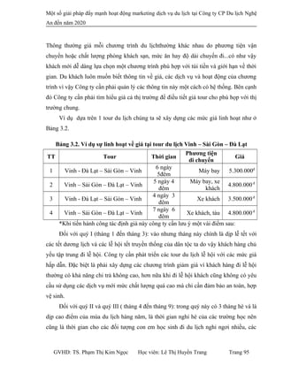 Một số giải pháp đẩy mạnh hoạt động marketing dịch vụ du lịch tại Công ty CP Du lịch Nghệ
An đến năm 2020
Thông thường giá mỗi chương trình du lịchthường khác nhau do phương tiện vận
chuyển hoặc chất lượng phòng khách sạn, mức ăn hay độ dài chuyến đi...có như vậy
khách mới dễ dàng lựa chọn một chương trình phù hợp với túi tiền và giới hạn về thời
gian. Du khách luôn muốn biết thông tin về giá, các dịch vụ và hoạt động của chương
trình vì vậy Công ty cần phải quản lý các thông tin này một cách có hệ thống. Bên cạnh
đó Công ty cần phải tìm hiểu giá cả thị trường để điều tiết giá tour cho phù họp với thị
trường chung.
Ví dụ dựa trên 1 tour du lịch chúng ta sẽ xây dựng các mức giá linh hoạt như ở
Bảng 3.2.
Bảng 3.2. Ví dụ sự linh hoạt về giá tại tour du lịch Vinh – Sài Gòn – Đà Lạt
TT Tour Thời gian
Phương tiện
di chuyển
Giá
1 Vinh - Đà Lạt – Sài Gòn – Vinh
6 ngày
5đêm
Máy bay 5.300.000đ
2 Vinh – Sài Gòn – Đà Lạt – Vinh
5 ngày 4
đêm
Máy bay, xe
khách
4.800.000đ
3 Vinh - Đà Lạt – Sài Gòn – Vinh
4 ngày 3
đêm
Xe khách 3.500.000đ
4 Vinh – Sài Gòn – Đà Lạt – Vinh
7 ngày 6
đêm
Xe khách, tàu 4.800.000đ
*Khi tiến hành công tác định giá này công ty cần lưu ý một vài điểm sau:
Đối với quý I (tháng 1 đến tháng 3): vào nhưng tháng này chính là dịp lễ tết với
các tết dương lịch và các lễ hội tết truyền thống của dân tộc ta do vậy khách hàng chủ
yếu tập trung đi lễ hội. Công ty cần phát triển các tour du lịch lễ hội với các mức giá
hấp dẫn. Đặc biệt là phải xây dựng các chương trình giảm giá vì khách hàng đi lễ hội
thường có khả năng chi trả không cao, hơn nữa khi đi lễ hội khách cũng không có yêu
cầu sử dụng các dịch vụ mới mức chất lượng quá cao mà chỉ cần đảm bảo an toàn, hợp
vệ sinh.
Đối với quý II và quý III ( tháng 4 đến tháng 9): trong quý này có 3 tháng hè và là
dịp cao điểm của mùa du lịch hàng năm, là thời gian nghỉ hè của các trường học nên
cũng là thời gian cho các đối tượng con em học sinh đi du lịch nghỉ ngơi nhiều, các
GVHD: TS. Phạm Thị Kim Ngọc Học viên: Lê Thị Huyền Trang Trang 95
 