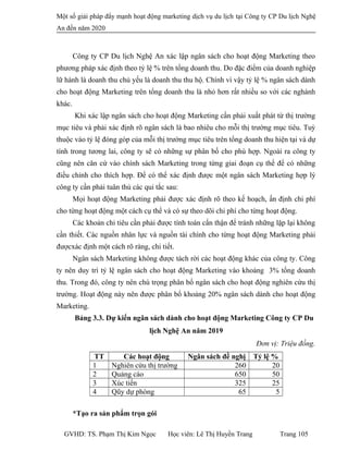 Một số giải pháp đẩy mạnh hoạt động marketing dịch vụ du lịch tại Công ty CP Du lịch Nghệ
An đến năm 2020
Công ty CP Du lịch Nghệ An xác lập ngân sách cho hoạt động Marketing theo
phương pháp xác định theo tỷ lệ % trên tổng doanh thu. Do đặc điểm của doanh nghiệp
lữ hành là doanh thu chủ yếu là doanh thu thu hộ. Chính vì vậy tỷ lệ % ngân sách dành
cho hoạt động Marketing trên tổng doanh thu là nhỏ hơn rất nhiều so với các nghành
khác.
Khi xác lập ngân sách cho hoạt động Marketing cần phải xuất phát từ thị trường
mục tiêu và phải xác định rõ ngân sách là bao nhiêu cho mỗi thị trường mục tiêu. Tuỳ
thuộc vào tỷ lệ đóng góp của mỗi thị trường mục tiêu trên tổng doanh thu hiện tại và dự
tính trong tương lai, công ty sẽ có những sự phân bố cho phù hợp. Ngoài ra công ty
cũng nên căn cứ vào chính sách Marketing trong từng giai đoạn cụ thể để có những
điều chỉnh cho thích hợp. Để có thể xác định được một ngân sách Marketing hợp lý
công ty cần phải tuân thủ các qui tắc sau:
Mọi hoạt động Marketing phải được xác định rõ theo kế hoạch, ấn định chi phí
cho từng hoạt động một cách cụ thể và có sự theo dõi chi phí cho từng hoạt động.
Các khoản chi tiêu cần phải được tính toán cẩn thận để tránh những lặp lại không
cần thiết. Các nguồn nhân lực và nguồn tài chính cho từng hoạt động Marketing phải
đượcxác định một cách rõ ràng, chi tiết.
Ngân sách Marketing không được tách rời các hoạt động khác của công ty. Công
ty nên duy trì tỷ lệ ngân sách cho hoạt động Marketing vào khoảng 3% tổng doanh
thu. Trong đó, công ty nên chú trọng phân bổ ngân sách cho hoạt động nghiên cứu thị
trường. Hoạt động này nên được phân bổ khoảng 20% ngân sách dành cho hoạt động
Marketing.
Bảng 3.3. Dự kiến ngân sách dành cho hoạt động Marketing Công ty CP Du
lịch Nghệ An năm 2019
Đơn vị: Triệu đồng.
TT Các hoạt động Ngân sách đề nghị Tỷ lệ %
1 Nghiên cứu thị trường 260 20
2 Quảng cáo 650 50
3 Xúc tiến 325 25
4 Qũy dự phòng 65 5
*Tạo ra sản phẩm trọn gói
GVHD: TS. Phạm Thị Kim Ngọc Học viên: Lê Thị Huyền Trang Trang 105
 