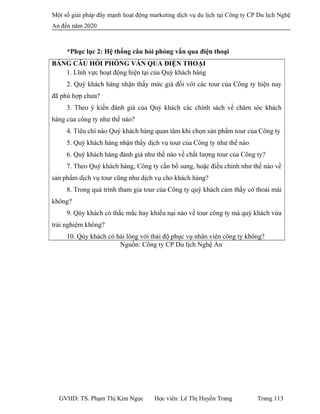 Một số giải pháp đẩy mạnh hoạt động marketing dịch vụ du lịch tại Công ty CP Du lịch Nghệ
An đến năm 2020
*Phục lục 2: Hệ thống câu hỏi phỏng vấn qua điện thoại
BẢNG CÂU HỎI PHỎNG VẤN QUA ĐIỆN THOẠI
1. Lĩnh vực hoạt động hiện tại của Quý khách hàng
2. Quý khách hàng nhận thấy mức giá đối với các tour của Công ty hiện nay
đã phù hợp chưa?
3. Theo ý kiến đánh giá của Quý khách các chính sách về chăm sóc khách
hàng của công ty như thế nào?
4. Tiêu chí nào Quý khách hàng quan tâm khi chọn sản phẩm tour của Công ty
5. Quý khách hàng nhận thấy dịch vụ tour của Công ty như thế nào
6. Quý khách hàng đánh giá như thế nào về chất lượng tour của Công ty?
7. Theo Quý khách hàng, Công ty cần bổ sung, hoặc điều chỉnh như thế nào về
sản phẩm dịch vụ tour cũng như dịch vụ cho khách hàng?
8. Trong quá trình tham gia tour của Công ty quý khách cảm thấy có thoái mái
không?
9. Qúy khách có thắc mắc hay khiếu nại nào về tour công ty mà quý khách vừa
trải nghiệm không?
10. Qúy khách có hài lòng với thái độ phục vụ nhân viên công ty không?
Nguồn: Công ty CP Du lịch Nghệ An
GVHD: TS. Phạm Thị Kim Ngọc Học viên: Lê Thị Huyền Trang Trang 113
 