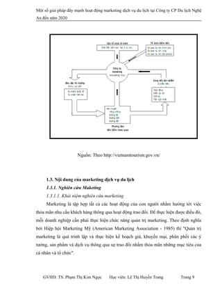 Một số giải pháp đẩy mạnh hoạt động marketing dịch vụ du lịch tại Công ty CP Du lịch Nghệ
An đến năm 2020
Nguồn: Theo http://vietnamtourism.gov.vn/
1.3. Nội dung của marketing dịch vụ du lịch
1.3.1. Nghiên cứu Maketing
1.3.1.1. Khái niệm nghiên cứu marketing
Marketing là tập hợp tất cả các hoạt động của con người nhằm hướng tới việc
thỏa mãn nhu cầu khách hàng thông qua hoạt động trao đổi. Để thực hiện được điều đó,
mỗi doanh nghiệp cần phải thực hiện chức năng quản trị marketing. Theo định nghĩa
bởi Hiệp hội Marketing Mỹ (American Marketing Association - 1985) thì ''Quản trị
marketing là quá trình lập và thực hiện kế hoạch giá, khuyến mại, phân phối các ý
tưởng, sản phẩm và dịch vụ thông qua sự trao đổi nhằm thỏa mãn những mục tiêu của
cá nhân và tổ chức".
GVHD: TS. Phạm Thị Kim Ngọc Học viên: Lê Thị Huyền Trang Trang 9
 