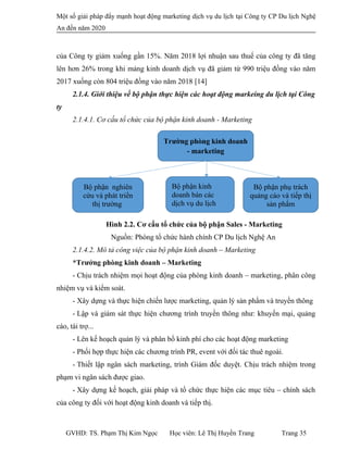 Một số giải pháp đẩy mạnh hoạt động marketing dịch vụ du lịch tại Công ty CP Du lịch Nghệ
An đến năm 2020
của Công ty giảm xuống gần 15%. Năm 2018 lợi nhuận sau thuế của công ty đã tăng
lên hơn 26% trong khi mảng kinh doanh dịch vụ đã giảm từ 990 triệu đồng vào năm
2017 xuống còn 804 triệu đồng vào năm 2018 [14]
2.1.4. Giới thiệu về bộ phận thực hiện các hoạt động markeing du lịch tại Công
ty
2.1.4.1. Cơ cấu tổ chức của bộ phận kinh doanh - Marketing
Hình 2.2. Cơ cấu tổ chức của bộ phận Sales - Marketing
Nguồn: Phòng tổ chức hành chính CP Du lịch Nghệ An
2.1.4.2. Mô tả công việc của bộ phận kinh doanh – Marketing
*Trưởng phòng kinh doanh – Marketing
- Chịu trách nhiệm mọi hoạt động của phòng kinh doanh – marketing, phân công
nhiệm vụ và kiểm soát.
- Xây dựng và thực hiện chiến lược marketing, quản lý sản phẩm và truyền thông
- Lập và giám sát thực hiện chương trình truyền thông như: khuyến mại, quảng
cáo, tài trợ...
- Lên kế hoạch quản lý và phân bổ kinh phí cho các hoạt động marketing
- Phối hợp thực hiện các chương trình PR, event với đối tác thuê ngoài.
- Thiết lập ngân sách marketing, trình Giám đốc duyệt. Chịu trách nhiệm trong
phạm vi ngân sách được giao.
- Xây dựng kế hoạch, giải pháp và tổ chức thực hiện các mục tiêu – chính sách
của công ty đối với hoạt động kinh doanh và tiếp thị.
GVHD: TS. Phạm Thị Kim Ngọc Học viên: Lê Thị Huyền Trang Trang 35
Trường phòng kinh doanh
- marketing
Bộ phận nghiên
cứu và phát triển
thị trường
Bộ phận phụ trách
quảng cáo và tiếp thị
sản phẩm
Bộ phận kinh
doanh bán các
dịch vụ du lịch
 