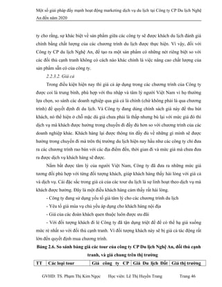 Một số giải pháp đẩy mạnh hoạt động marketing dịch vụ du lịch tại Công ty CP Du lịch Nghệ
An đến năm 2020
ty cho rằng, sự khác biệt về sản phẩm giữa các công ty sẽ được khách du lịch đánh giá
chính bằng chất lượng của các chương trình du lịch được thực hiện. Vì vậy, đối với
Công ty CP du lịch Nghệ An, để tạo ra một sản phẩm có những nét riêng biệt so với
các đối thủ cạnh tranh không có cách nào khác chính là việc nâng cao chất lượng của
sản phẩm sẵn có của công ty.
2.2.3.2. Giá cả
Trong điều kiện hiện nay thì giá cả áp dụng trong các chương trình của Công ty
được coi là trung bình, phù hợp với thu nhập và tâm lý người Việt Nam vì họ thường
lựa chọn, so sánh các doanh nghiệp qua giá cả là chính (chứ không phải là qua chương
trình) để quyết định đi du lịch. Và Công ty đang dùng chính sách giá này để thu hút
khách, nó thể hiện ở chỗ mặc dù giá chưa phải là thấp nhưng bù lại với mức giá đó thì
dịch vụ mà khách được hưởng trong chuyến đi đầy đủ hơn so với chương trình của các
doanh nghiệp khác. Khách hàng lại được thông tin đầy đủ về những gì mình sẽ được
hưởng trong chuyến đi mà trên thị trường du lịch hiện nay hầu như các công ty chỉ đưa
ra các chương trình rao bán với các địa điểm đến, thời gian đi và mức giá mà chưa đưa
ra được dịch vụ khách hàng sẽ được.
Nắm bắt được tâm lý của người Việt Nam, Công ty đã đưa ra những mức giá
tương đối phù hợp với từng đối tượng khách, giúp khách hàng thấy hài lòng với giá cả
và dịch vụ. Cái đặc sắc trong giá cả của các tour du lịch là sự linh hoạt theo dịch vụ mà
khách được hưởng. Đây là một điều khách hàng cảm thấy rất hài lòng.
- Công ty đang sử dụng yếu tố giá tâm lý cho các chương trình du lịch
- Yêu tố giá mùa vụ chủ yếu áp dụng cho khách hàng nội địa
- Giá của các đoàn khách quen thuộc luôn được ưu đãi
- Với đối tượng khách đi lẻ Công ty đã tận dụng triệt để để có thể hạ giá xuống
mức rẻ nhất so với đối thủ cạnh tranh. Vì đối tượng khách này sẽ bị giá cả tác động rất
lớn đến quyết định mua chương trình.
Bảng 2.6. So sánh bảng giá các tour của công ty CP Du lịch Nghệ An, đối thủ cạnh
tranh, và giá chung trên thị trường
TT Các loại tour Giá công ty CP Giá Du lịch Đất Giá thị trường
GVHD: TS. Phạm Thị Kim Ngọc Học viên: Lê Thị Huyền Trang Trang 46
 