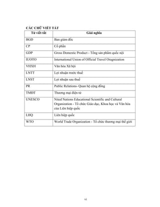 CÁC CHỮ VIẾT TẮT
Từ viết tắt Giải nghĩa
BGĐ Ban giám đốc
CP Cổ phần
GDP Gross Domestic Product - Tổng sản phẩm quốc nội
IUOTO International Union of Official Travel Oragnization
VHXH Văn hóa Xã hội
LNTT Lợi nhuận trước thuế
LNST Lợi nhuận sau thuế
PR Public Relations- Quan hệ cộng đồng
TMĐT Thương mại điện tử
UNESCO Nited Nations Educational Scientific and Cultural
Organization - Tổ chức Giáo dục, Khoa học và Văn hóa
của Liên hiệp quốc
LHQ Liên hiệp quốc
WTO World Trade Organization - Tổ chức thương mại thế giới
vi
 