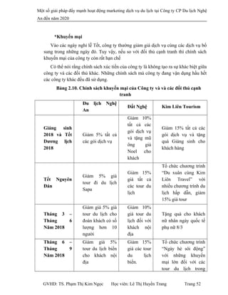 Một số giải pháp đẩy mạnh hoạt động marketing dịch vụ du lịch tại Công ty CP Du lịch Nghệ
An đến năm 2020
*Khuyến mại
Vào các ngày nghỉ lễ Tết, công ty thường giảm giá dịch vụ cùng các dịch vụ bổ
sung trong những ngày đó. Tuy vậy, nếu so với đối thủ cạnh tranh thì chính sách
khuyến mại của công ty còn rất hạn chế
Có thể nói rằng chính sách xúc tiến của công ty là không tạo ra sự khác biệt giữa
công ty và các đối thủ khác. Những chính sách mà công ty đang vận dụng hầu hết
các công ty khác đều đã sử dụng.
Bảng 2.10. Chính sách khuyến mại của Công ty và và các đối thủ cạnh
tranh
Du lịch Nghệ
An
Đất Nghệ Kim Liên Tourism
Giáng sinh
2018 và Tết
Dương lịch
2018
Giảm 5% tất cả
các gói dịch vụ
Giảm 10%
tất cả các
gói dịch vụ
và tặng mũ
ông già
Noel cho
khách
Giảm 15% tất cả các
gói dịch vụ và tặng
quà Giáng sinh cho
khách hàng
Tết Nguyên
Đán
Giảm 5% giá
tour đi du lịch
Sapa
Giảm 15%
giá tất cả
các tour du
lịch
Tổ chức chương trinh
“Du xuân cùng Kim
Liên Travel” với
nhiều chương trình du
lịch hấp dẫn, giảm
15% giá tour
Tháng 3 –
Tháng 6
Năm 2018
Giảm giá 5% giá
tour du lịch cho
đoàn khách có số
lượng hơn 10
người
Giảm 10%
giá tour du
lịch đối với
khách nội
địa
Tặng quà cho khách
nữ nhân ngày quốc tế
phụ nữ 8/3
Tháng 6 –
Tháng 9
Năm 2018
Giảm giá 5%
tour du lịch biển
cho khách nội
địa
Giảm 15%
giá các tour
du lịch
biển.
Tổ chức chương trình
“Ngày hè sôi động”
với những khuyến
mại lớn đối với các
tour du lịch trong
GVHD: TS. Phạm Thị Kim Ngọc Học viên: Lê Thị Huyền Trang Trang 52
 