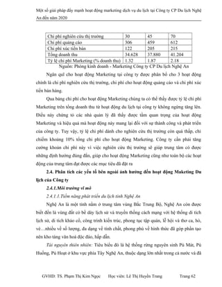 Một số giải pháp đẩy mạnh hoạt động marketing dịch vụ du lịch tại Công ty CP Du lịch Nghệ
An đến năm 2020
Chi phí nghiên cứu thị trường 30 45 70
Chi phí quảng cáo 306 459 612
Chi phí xúc tiến bán 122 205 215
Tổng doanh thu 34.628 37.880 41.204
Tỷ lệ chi phí Marketing (% doanh thu) 1.32 1.87 2.18
Nguồn: Phòng kinh doanh - Marketing Công ty CP Du lịch Nghệ An
Ngân quĩ cho hoạt động Marketing tại công ty được phân bổ cho 3 hoạt động
chính là chi phí nghiên cứu thị trường, chi phí cho hoạt động quảng cáo và chi phí xúc
tiến bán hàng.
Qua bảng chi phí cho hoạt động Marketing chúng ta có thể thấy được tỷ lệ chi phí
Marketing trên tổng doanh thu từ hoạt động du lịch tại công ty không ngừng tăng lên.
Điều này chứng tỏ các nhà quản lý đã thấy được tầm quan trọng của hoạt động
Marketing và hiệu quả mà hoạt động này mang lại đối với sự thành công và phát triển
của công ty. Tuy vậy, tỷ lệ chi phí dành cho nghiên cứu thị trường còn quá thấp, chỉ
chiếm khoảng 10% tổng chi phí cho hoạt động Marketing. Công ty cần phải tăng
cường khoản chi phí này vì việc nghiên cứu thị trường sẽ giúp trung tâm có được
những định hướng đúng đắn, giúp cho hoạt động Marketing cũng như toàn bộ các hoạt
động của trung tâm đạt được các mục tiêu đã đặt ra
2.4. Phân tích các yếu tố bên ngoài ảnh hưởng đến hoạt động Maketing Du
lịch của Công ty
2.4.1.Môi trường vĩ mô
2.4.1.1.Tiềm năng phát triển du lịch tỉnh Nghệ An
Nghệ An là một tỉnh nằm ở trung tâm vùng Bắc Trung Bộ, Nghệ An còn được
biết đến là vùng đất có bề dày lịch sử và truyền thống cách mạng với hệ thống di tích
lịch sử, di tích khảo cổ, công trình kiến trúc, phong tục tập quán, lễ hội và thơ ca, hò,
vè…nhiều về số lượng, đa dạng về tính chất, phong phú về hình thức đã góp phần tạo
nên kho tàng văn hoá độc đáo, hấp dẫn.
Tài nguyên thiên nhiên: Tiêu biểu đó là hệ thống rừng nguyên sinh Pù Mát, Pù
Huống, Pù Hoạt ở khu vực phía Tây Nghệ An, thuộc dạng lớn nhất trong cả nước và đã
GVHD: TS. Phạm Thị Kim Ngọc Học viên: Lê Thị Huyền Trang Trang 62
 