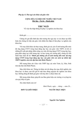- 127 -
Phụ lục 8. Thư ngỏ xin khảo sát giáo viên
 