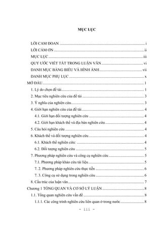 - iii -
MỤC LỤC
LỜI CAM ĐOAN .......................................................................................... i
LỜI CẢM ƠN ...............................................................................................ii
MỤC LỤC....................................................................................................iii
QUY ƯỚC VIẾT TẮT TRONG LUẬN VĂN............................................ vi
DANH MỤC BẢNG BIỂU VÀ HÌNH ẢNH.............................................vii
DANH MỤC PHỤ LỤC............................................................................... x
MỞ ĐẦU........................................................................................................... 1
1. Lý do chọn đề tài....................................................................................... 1
2. Mục tiêu nghiên cứu của đề tài ................................................................. 3
3. Ý nghĩa của nghiên cứu............................................................................. 3
4. Giới hạn nghiên cứu của đề tài.................................................................. 4
4.1. Giới hạn đối tượng nghiên cứu .......................................................... 4
4.2. Giới hạn khách thể và địa bàn nghiên cứu......................................... 4
5. Câu hỏi nghiên cứu ................................................................................... 4
6. Khách thể và đối tượng nghiên cứu .......................................................... 4
6.1. Khách thể nghiên cứu: ....................................................................... 4
6.2. Đối tượng nghiên cứu ........................................................................ 5
7. Phương pháp nghiên cứu và công cụ nghiên cứu ..................................... 5
7.1. Phương pháp khảo cứu tài liệu........................................................... 5
7. 2. Phương pháp nghiên cứu thực tiễn ................................................... 6
7. 3. Công cụ sử dụng trong nghiên cứu ................................................... 6
8. Cấu trúc của luận văn................................................................................ 7
Chương 1 TỔNG QUAN VÀ CƠ SỞ LÝ LUẬN............................................ 8
1.1. Tổng quan nghiên cứu vấn đề................................................................ 8
1.1.1. Các công trình nghiên cứu liên quan ở trong nước......................... 8
 