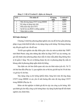 - 48 -
Bảng 2. 5. Hệ số Cronbach’s Alpha các thang đo
STT Tên nhân tố Số lượng
biến
Cronbach’s
Alpha
1 Mức độ ứng dụng CNTT trong HĐDH 09 0,855
2 Kỹ năng sử dụng máy tính 11 0,890
3 Điều kiện tiếp cận CNTT 11 0,840
4 Sự hỗ trợ của BGH và đồng nghiệp 06 0,850
5 Nhận định cá nhân 05 0,840
Kết luận chương 2
Chương 2 trình bày phương pháp nghiên cứu của đề tài bao gồm phương
pháp và quy trình thiết kế mẫu và xây dựng công cụ đo lường. Nội dung chương
này đã giải quyết các vấn đề sau:
Từ kết quả nghiên cứu đặc điểm giáo viên các môn tự nhiên bậc THPT
tỉnh Bình Phước cũng như những đặc điểm hạ tầng CNTT tại các trường, tác
giả tiến hành chọn phương pháp chọn mẫu là chọn mẫu phân tầng không theo
tỷ lệ (gồm 2 tầng: Thị xã và Không thuộc thị xã) và phương pháp lấy mẫu từ
khung mẫu là phương pháp ngẫu nhiên hệ thống.
Xác định các chỉ báo (biến quan sát) của các khái niệm (yếu tố). Từ 72
chỉ báo ban đầu (Phụ lục 1), qua nghiên cứu sơ bộ tác giả đã loại bỏ 30 chỉ báo
và giữ lại 42 chỉ báo.
Xây dựng công cụ đo lường (phiếu khảo, bảng hỏi) mức độ ứng dụng
CNTT trong HĐDH và các yếu tố ảnh hưởng đến mức độ ứng dụng CNTT
trong HĐDH (Phụ lục 4).
Khảo sát thử nghiệm và đánh giá độ tin cậy của công cụ đo lường. Kết
quả đánh giá cho thấy công cụ đo lường được xây dựng là phù hợp để tiến hành
nghiên cứu chính thức.
 