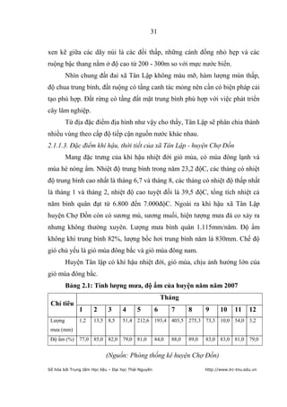 31


xen kẽ giữa các dãy núi là các đồi thấp, những cánh đồng nhỏ hẹp và các
ruộng bậc thang nằm ở độ cao từ 200 - 300m so với mực nước biển.
         Nhìn chung đất đai xã Tân Lập không màu mỡ, hàm lượng mùn thấp,
độ chua trung bình, đất ruộng có tầng canh tác mỏng nên cần có biện pháp cải
tạo phù hợp. Đất rừng có tầng đất mặt trung bình phù hợp với việc phát triển
cây lâm nghiệp.
         Từ địa đặc điểm địa hình như vậy cho thấy, Tân Lập sẽ phân chia thành
nhiều vùng theo cấp độ tiếp cận nguồn nước khác nhau.
2.1.1.3. Đặc điểm khí hậu, thời tiết của xã Tân Lập - huyện Chợ Đồn
         Mang đặc trưng của khí hậu nhiệt đới gió mùa, có mùa đông lạnh và
mùa hè nóng ẩm. Nhiệt độ trung bình trong năm 23,2 độC, các tháng có nhiệt
độ trung bình cao nhất là tháng 6,7 và tháng 8, các tháng có nhiệt độ thấp nhất
là tháng 1 và tháng 2, nhiệt độ cao tuyệt đối là 39,5 độC, tổng tích nhiệt cả
năm bình quân đạt từ 6.800 đến 7.000độC. Ngoài ra khí hậu xã Tân Lập
huyện Chợ Đồn còn có sương mù, sương muối, hiện tượng mưa đá co xảy ra
nhưng không thường xuyên. Lượng mưa bình quân 1.115mm/năm. Độ ẩm
không khí trung bình 82%, lượng bốc hơi trung bình năm là 830mm. Chế độ
gió chủ yếu là gió mùa đông bắc và gió mùa đông nam.
         Huyện Tân lập có khí hậu nhiệt đới, gió mùa, chịu ảnh hưởng lớn của
gió mùa đông bắc.
         Bảng 2.1: Tình lƣợng mƣa, độ ẩm của huyện năm năm 2007
                                                          Tháng
 Chỉ tiêu
               1      2      3      4      5          6      7      8      9      10     11     12
 Lượng         1,2    13,5 8,5      51,4 212,6 193,4 403,5 275,3 73,3 10,0 54,0 3,2
 mưa (mm)
 Độ ẩm (%) 77,0 85,0 82,0 79,0 81,0                   84,0   88,0   89,0   83,0 83,0 81,0 79,0


                            (Nguồn: Phòng thống kê huyện Chợ Đồn)

Số hóa bởi Trung tâm Học liệu – Đại học Thái Nguyên                        http://www.lrc-tnu.edu.vn
 
