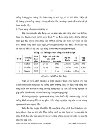 38


thống đường giao thông liên thôn cũng rất nhỏ hẹp, đi lại khó khăn. Hiện tại
hệ thống giao thông trong xã đang rất cần đầu tư nâng cấp để nhân dân đi lại
được thuận tiện.
b. Thực trạng về công trình thủy lợi
        Tập trung đầu tư xây dựng, cải tạo nâng cấp các công trình giao thông,
thuỷ lợi, Trường học, nước sạch, trạm Y tế, điện nông thôn...Trong những
năm qua đầu tư mở mới được trên 100km đường liên thôn, xây mới 12 cầu
treo, 35km công trình nước sạch, 50 công trình thuỷ lợi, 85% số hộ khu vực
thị trấn và 65% số hộ khu vực nông thôn được sử dụng nước sạch.
                         Bảng 2.3: Thống kê các công trình thuỷ lợi
                         Năm          Diện tích tƣới tiêu
          Tên công                                             Độ dài      Độ        Đập
 STT                     bàn              của kênh
           trình                                               kênh        cao       dài
                         giao       Lúa xuân     Lúa mùa
   1        Nà bản       2004         24 ha        24 ha       2.300m    1,65m       20m
   2       Nà sắm         2004         35 ha           35 ha   2.700m     1,4m       9,8m
   3        Nà đán        2007            0            2 ha    436,4m    1,35m       13m

                                     (Nguồn: UBND xã Tân Lập)

        Kiên cố hoá kênh mương là một chương trình, chủ truơng lớn của
Chính Phủ nhằm nâng cao hệ thống kênh mương thuỷ lợi nội đồng năng cao
năng suất tưới tiêu (tiêu ứng, chống hạn) phục vụ sản xuất nông nghiệp và
góp phần đảm bảo vệ sinh môi trường trong nông nghiệp
        Khả năng tiếp cận nguồn nước được hiểu là tốc độ và độ tin cậy của hệ
thống kênh mương đối với sự phát triển nông nghiệp, tiếp cận và sử dụng
nguồn nước của người dân.
        Trên địa bàn huyện Chợ Đồn đã có một số công trình thuỷ lợi được xây
dựng nhằm phục vụ tưới cho đồng ruộng canh tác của thôn xã. Do vốn đầu tư
công trình hạn chế nên công trình xây dựng không đồng bộ hoặc chỉ còn là
các phai đập tạm.
Số hóa bởi Trung tâm Học liệu – Đại học Thái Nguyên                http://www.lrc-tnu.edu.vn
 