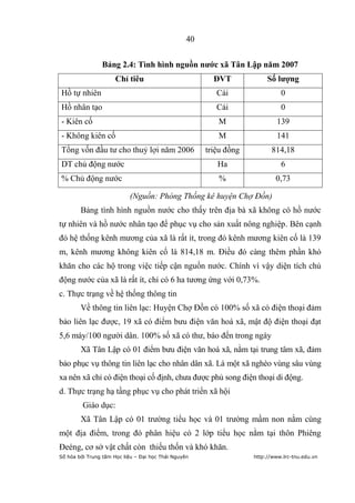 40


                Bảng 2.4: Tình hình nguồn nƣớc xã Tân Lập năm 2007
                      Chỉ tiêu                           ĐVT             Số lƣợng
Hồ tự nhiên                                               Cái                 0
Hồ nhân tạo                                               Cái                 0
- Kiên cố                                                 M                  139
- Không kiên cố                                           M                  141
Tổng vốn đầu tư cho thuỷ lợi năm 2006                  triệu đồng         814,18
DT chủ động nước                                          Ha                  6
% Chủ động nước                                           %                 0,73

                           (Nguồn: Phòng Thống kê huyện Chợ Đồn)
        Bảng tình hình nguồn nước cho thấy trên địa bà xã không có hồ nước
tự nhiên và hồ nước nhân tạo để phục vụ cho sản xuất nông nghiệp. Bên cạnh
đó hệ thống kênh mương của xã là rất ít, trong đó kênh mương kiên cố là 139
m, kênh mương không kiên cố là 814,18 m. Điều đó càng thêm phần khó
khăn cho các hộ trong việc tiếp cận nguồn nước. Chính vì vậy diện tích chủ
động nước của xã là rất ít, chỉ có 6 ha tương ứng với 0,73%.
c. Thực trạng về hệ thống thông tin
        Về thông tin liên lạc: Huyện Chợ Đồn có 100% số xã có điện thoại đảm
bảo liên lạc được, 19 xã có điểm bưu điện văn hoá xã, mật độ điện thoại đạt
5,6 máy/100 người dân. 100% số xã có thư, báo đến trong ngày
        Xã Tân Lập có 01 điểm bưu điện văn hoá xã, nằm tại trung tâm xã, đảm
bảo phục vụ thông tin liên lạc cho nhân dân xã. Là một xã nghèo vùng sâu vùng
xa nên xã chỉ có điện thoại cố định, chưa được phủ song điện thoại di động.
d. Thực trạng hạ tầng phục vụ cho phát triển xã hội
         Giáo dục:
        Xã Tân Lập có 01 trường tiểu học và 01 trường mầm non nằm cùng
một địa điểm, trong đó phân hiệu có 2 lớp tiểu học nằm tại thôn Phiêng
Đeéng, cơ sở vật chất còn thiếu thốn và khó khăn.
Số hóa bởi Trung tâm Học liệu – Đại học Thái Nguyên                 http://www.lrc-tnu.edu.vn
 