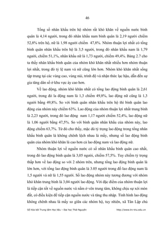 46


        Tổng số nhân khẩu trên hộ nhóm rất khó khăn về nguồn nước bình
quân là 4,14 người, trong đó nhân khẩu nam bình quân là 2,19 người chiếm
52,8% trên hộ, nữ là 1,98 người chiếm 47,8%. Nhóm thuận lợi nhất có tổng
bình quân nhân khẩu trên hộ là 3,5 người, trong đó nhân khẩu nam là 1,79
người, chiếm 51,1%, nhân khẩu nữ là 1,73 người, chiếm 49,4%. Bảng 2.7 cho
ta thấy nhân khẩu bình quân của nhóm khó khăn nhất nhiều hơn nhóm thuận
lợi nhất, trong đó tỷ lệ nam và nữ cũng lớn hơn. Nhóm khó khăn nhất sống
tập trung tại các vùng cao, vùng núi, trình độ và nhận thức lạc hậu, dẫn đến sự
gia tăng dân số ở khu vực ày cao hơn.
        Về lao động, nhóm khó khăn nhất có tổng lao động bình quân là 2,61
người, trong đó la động nam là 1,3 chiếm 49,8%, lao động nữ cũng là 1,3
người bằng 49,8%. So với bình quân nhân khẩu trên hộ thì bình quân lao
động của nhóm này chiếm 63%. Lao động của nhóm thuận lợi nhất trung bình
là 2,23 người, trong đó lao động nam 1,17 người chiếm 52,4%, lao động nữ
là 1,06 người bằng 47,5%. So với bình quân nhân khẩu của nhóm này, lao
động chiếm 63,7%. Từ đó cho thấy, mặc dù tỷ trọng lao động trong tổng nhân
khẩu bình quân là không chênh lệch nhau là mấy, nhưng số lao động bình
quân của nhóm khó khăn là cao hơn cả lao động nam và lao động nữ.
        Nhóm thuận lợi về nguồn nước có số nhân khẩu bình quân cao nhất,
trong đó lao động bình quân là 3,05 ngưòi, chiếm 57,5%. Tuy chiếm tỷ trọng
thấp hơn về lao động so với 2 nhóm trên, nhưng tổng lao động bình quân là
lớn hơn, với tổng lao động bình quân là 3.05 người trong đố lao động nam là
1,5 người và nữ là 1,55 người. Số lao động nhóm này tương đương với nhóm
khó khăn trung bình là 3,04 người lao động. Với đặc điểm của nhóm thuận lợi
là tiếp cận tốt về nguồn nước và nằm ở vên trung tâm, không chịu sự xói mòn
đất, có điều kiện để tiếp cận nguồn nước và tăng thu nhập. Tình hình lao động
không chênh nhau là mấy so giữa các nhóm hộ, tuy nhiên, xã Tân Lập chủ
Số hóa bởi Trung tâm Học liệu – Đại học Thái Nguyên       http://www.lrc-tnu.edu.vn
 