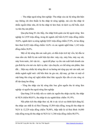 80


        - Thu nhập ngoài nông lâm nghiệp : Thu nhập của các hộ nông dân hiện
nay không chỉ đơn thuần là thu nhập từ nông nghiệp, mà còn thu nhập từ
nhiều nguồn khác nữa, đó là thu nhập từ làm thuê, từ dịch vụ chế biến, dịch
vụ tiêu thụ sản phẩm.
        Qua phụ bảng 01 cho thấy, thu nhập bình quân của hộ ngoài nông lâm
nghiệp là 2,939 triệu đồng, trong đó ngành chế biến 0,553 triệu đồng chiếm
18,8%, ngành dịch vụ nông nghiệp 0,821 triệu đồng chiếm 27,9%, từ lao động
làm thuê 0,422 triệu đồng chiếm 14,4% và các ngành nghề khác 1,143 triệu
đồng chiếm 38,9%.
        Một số hộ nông dân sản xuất giỏi, có điều kiện tích luỹ vốn, hộ đầu tư
mua sắm các thiết bị sản xuất hiện đại như: máy cày, máy bừa, máy say xát,
máy bơm nước, ôtô vận tải… ngoài để phục vụ cho sản xuất kinh doanh của
gia đình họ còn mở các dịch vụ như: vận chuyển, sơ chế nông sản phẩm, làm
đất… Hiện nay nhiều hộ nông dân có xu hướng mở rộng quy mô sản xuất, mở
nhiều ngành nghề mới: chế bến thức ăn gia súc, dệt may, gò hàn và một số
mặt hàng thủ công mỹ nghệ nhằm khai thác nguyên liệu sẵn có của vùng và
để tận dụng lao động.
        - Tổng thu nhập của hộ nông dân: bao gồm nguồn thu từ nông lâm
nghiệp và nguồn thu ngoài nông lâm nghiệp
        Qua bảng 218 ta thấy nếu so sánh các nguồn thu nhập của hộ, thu nhập
từ NLN chiếm 80,81%, thu nhập từ các ngành khác chiếm 19,19%.
        Nếu phân tích thu nhập theo xã, thì ở các xã có sự chênh lệch đáng kể,
thu nhập cao nhất là xã Hoá Thượng 15,504 triệu đồng, trong đó thu nhập từ
NLN là 12,229 triệu đồng chiếm 78,88%, thấp nhất là xã Hoà Bình 14,080
triệu đồng trong đó thu nhập từ NLN là 11,344 triệu đồng chiếm 80,57%.



Số hóa bởi Trung tâm Học liệu – Đại học Thái Nguyên       http://www.lrc-tnu.edu.vn
 