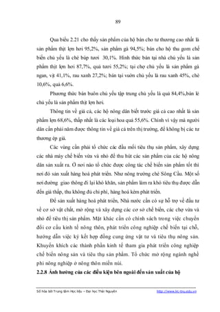 89


        Qua biểu 2.21 cho thấy sản phẩm của hộ bán cho tư thương cao nhất là
sản phẩm thịt lợn hơi 95,2%, sản phẩm gà 94,5%; bán cho hộ thu gom chế
biến chủ yếu là chè búp tươi 30,1%. Hình thức bán tại nhà chủ yếu là sản
phẩm thịt lợn hơi 87,7%, quả tươi 55,2%; tại chợ chủ yếu là sản phẩm gà
ngan, vịt 41,1%, rau xanh 27,2%; bán tại vuờn chủ yếu là rau xanh 45%, chè
10,6%, quả 6,6%.
        Phương thức bán buôn chủ yếu tập trung chủ yếu là quả 84,4%,bán lẻ
chủ yếu là sản phẩm thịt lợn hơi.
        Thông tin về giá cả, các hộ nông dân biết trước giá cả cao nhất là sản
phẩm lợn 68,6%, thấp nhất là các loại hoa quả 55,6%. Chính vì vậy mà người
dân cần phải năm được thông tin về giá cả trên thị trường, để không bị các tư
thương ép giá.
        Các vùng cần phải tổ chức các đầu mối tiêu thụ sản phẩm, xây dựng
các nhà máy chế biến vừa và nhỏ để thu hút các sản phẩm của các hộ nông
dân sản xuất ra. Ở nơi nào tổ chức được công tác chế biến sản phẩm tốt thì
nơi đó sản xuất hàng hoá phát triển. Như nông trường chè Sông Cầu. Một số
nơi đường giao thông đi lại khó khăn, sản phẩm làm ra khó tiêu thụ được dẫn
đến giá thấp, thu không đủ chi phí, hàng hoá kém phát triển.
        Để sản xuất hàng hoá phát triển, Nhà nước cần có sự hỗ trợ về đầu tư
về cơ sở vật chất, mở rộng và xây dựng các cơ sở chế biến, các chợ vừa và
nhỏ để tiêu thị sản phẩm. Mặt khác cần có chính sách trong việc chuyển
đổi cơ cấu kinh tế nông thôn, phát triển công nghiệp chế biến tại chỗ,
hướng dẫn việc ký kết hợp đồng cung ứng vật tư và tiêu thụ nông sản.
Khuyến khích các thành phần kinh tế tham gia phát triển công nghiệp
chế biến nông sản và tiêu thụ sản phẩm. Tổ chức mở rộng ngành nghề
phi nông nghiệp ở nông thôn miền núi.
2.2.8 Ảnh hƣởng của các điều kiện bên ngoài đến sản xuất của hộ


Số hóa bởi Trung tâm Học liệu – Đại học Thái Nguyên       http://www.lrc-tnu.edu.vn
 