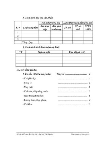 5. Tình hình tiêu thụ sản phẩm

                                  Hình thức tiêu thụ Hình thức sản phẩm tiêu thụ
                                 Bán trực Bán qua               SP sơ    SPCB
STT       Loại sản phẩm                              SP thô
                                   tiếp    tư thương             chế      100%
 1
 2
 3
       Tổng cộng
          6. Tình hình kinh doanh dịch vụ khác

     TT                       Ngành nghề                                 Thu nhập ( tr.đ)




III. Đời sống của hộ
          1. Cơ cấu chi tiêu trong năm                Tổng số ...................................... đ
          - Chi giáo dục                                .................................................. đ
          - Chi y tế                                    .................................................. đ
          - May mặc                                    .................................................. đ
          - Chất đốt, thắp sáng, nƣớc                  .................................................. đ
          - Giao thông bƣu điện                        .................................................. đ
          - Lƣơng thực, thực phẩm                       .................................................. đ
          - Chi khác                                   .................................................. đ




Số hóa bởi Trung tâm Học liệu – Đại học Thái Nguyên                          http://www.lrc-tnu.edu.vn
 