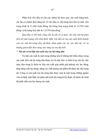 67


        Phân tích vốn đầu tư của các nhóm hộ theo quy sản xuất hàng hoá,
các hộ có chênh lệch đáng kể về vốn đầu tư. Hộ hàng hoá lớn có mức vốn
trung bình là 21,696 triệu đồng, hộ hàng hoá trung bình là 15,730 triệu
đồng và hộ hàng hoá nhỏ là 13,579 triệu đồng.
        Qua đây có thể thấy rằng vốn là yếu tố có hạn, cho nên chủ hộ phải
tích luỹ một lượng vốn nhất định. Mức vốn đầu tư vào sản xuất kinh doanh
của các chủ hộ nông dân rất khác nhau giữa các xã, các dân tộc có xu
hướng giảm dần theo vùng sâu vùng xa của thị trấn.
* Tài sản và tư liệu sản xuất của các hộ nông dân
        Tư liệu sản xuất là một trong những yếu tố không thể thiếu được trong
sản xuất. Khi mà hộ nông dân được coi là một đơn vị kinh tế tự chủ thì việc
mua sắm trang bị thêm tư liệu sản xuất góp phần giải phóng sức lao động,
tăng năng suất lao động, nâng cao chất lượng sản phẩm đã được hộ chú trọng
tới. Công cụ sản xuất của hộ nông dân được xem là một trong những nguồn
vốn cố định, mặt khác nó phản ánh trình độ trang bị kỹ thuật, là thước đo trình
độ phát triển của lực lượng sản xuất.




Số hóa bởi Trung tâm Học liệu – Đại học Thái Nguyên       http://www.lrc-tnu.edu.vn
 