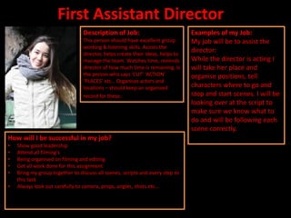 First Assistant Director
                                 Description of Job:                            Examples of my Job:
                                 This person should have excellent group        My job will be to assist the
                                 working & listening skills. Assists the
                                 director, helps create their ideas, helps to
                                                                                director:
                                 manage the team. Watches time, reminds         While the director is acting I
                                 director of how much time is remaining. Is     will take her place and
                                 the person who says ‘CUT’ ‘ACTION’             organise positions, tell
                                 ‘PLACES’ etc… Organises actors and
                                 locations – should keep an organised           characters where to go and
                                 record for these.                              stop and start scenes. I will be
                                                                                looking over at the script to
                                                                                make sure we know what to
                                                                                do and will be following each
                                                                                scene correctly.
How will I be successful in my job?
•   Show good leadership
•   Attend all filming's
•   Being organised on filming and editing
•   Get all work done for this assignment
•   Bring my group together to discuss all scenes, scripts and every step to
    this task
•   Always look out carefully to camera, props, angles, shots etc…
 