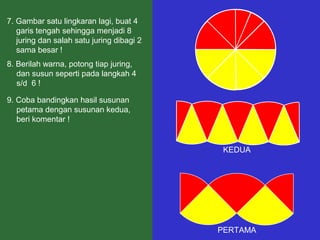 7. Gambar satu lingkaran lagi, buat 4
garis tengah sehingga menjadi 8
juring dan salah satu juring dibagi 2
sama besar !

•

8. Berilah warna, potong tiap juring,
dan susun seperti pada langkah 4
s/d 6 !
9. Coba bandingkan hasil susunan
petama dengan susunan kedua,
beri komentar !

KEDUA

PERTAMA

 