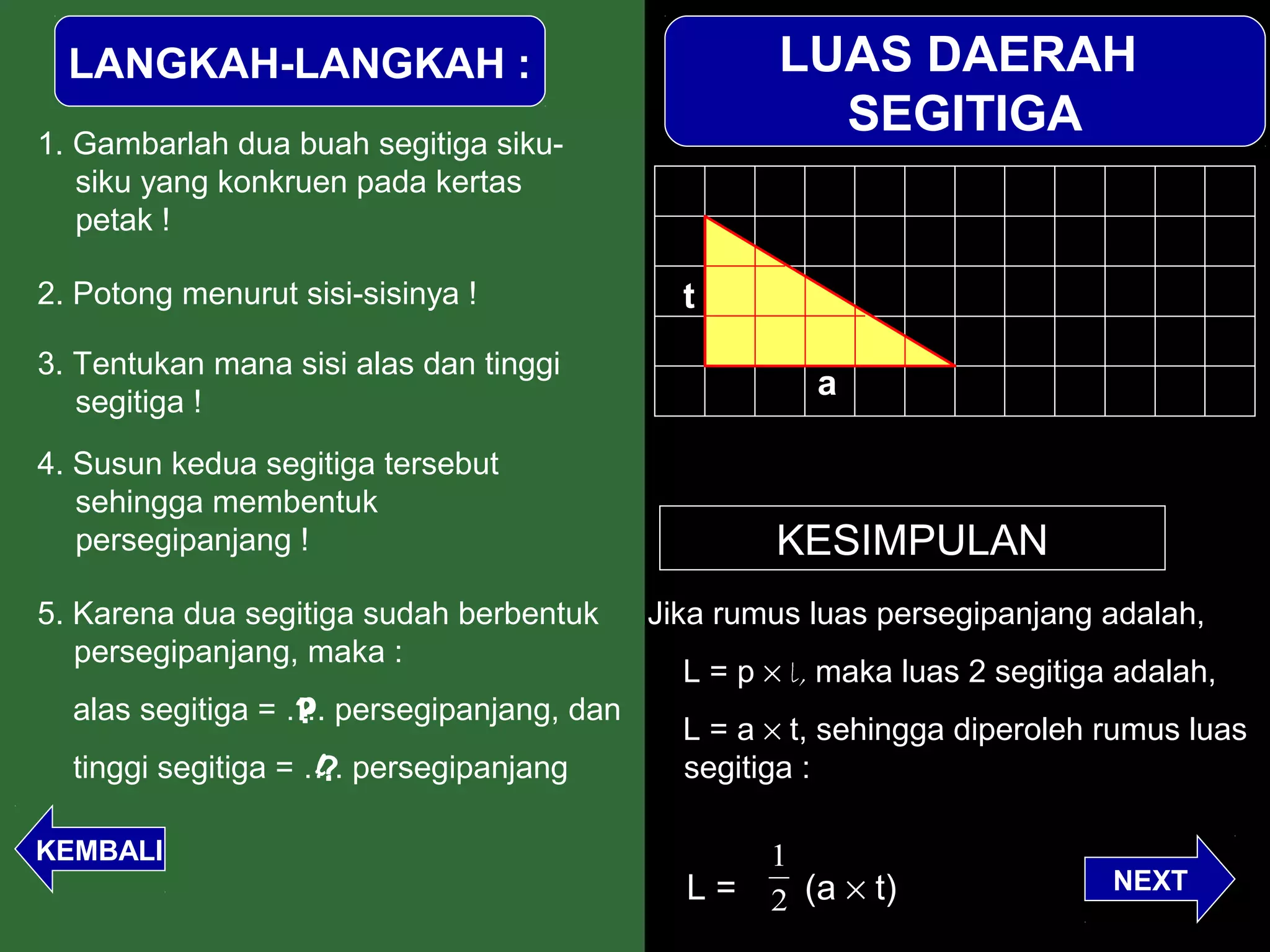 LANGKAH-LANGKAH :                                 LUAS DAERAH
1. Gambarlah dua buah segitiga siku-
                                                      SEGITIGA
   siku yang konkruen pada kertas
   petak !

2. Potong menurut sisi-sisinya !             t
3. Tentukan mana sisi alas dan tinggi
                                                      a
   segitiga !
4. Susun kedua segitiga tersebut
   sehingga membentuk
   persegipanjang !                                KESIMPULAN
5. Karena dua segitiga sudah berbentuk     Jika rumus luas persegipanjang adalah,
   persegipanjang, maka :
                                             L = p × l, maka luas 2 segitiga adalah,
                  p
                  ?
  alas segitiga = …. persegipanjang, dan
                                             L = a × t, sehingga diperoleh rumus luas
                    l
                    ?
  tinggi segitiga = …. persegipanjang        segitiga :

KEMBALI                                            1
                                                   2 (a × t)
                                             L=                             NEXT
 