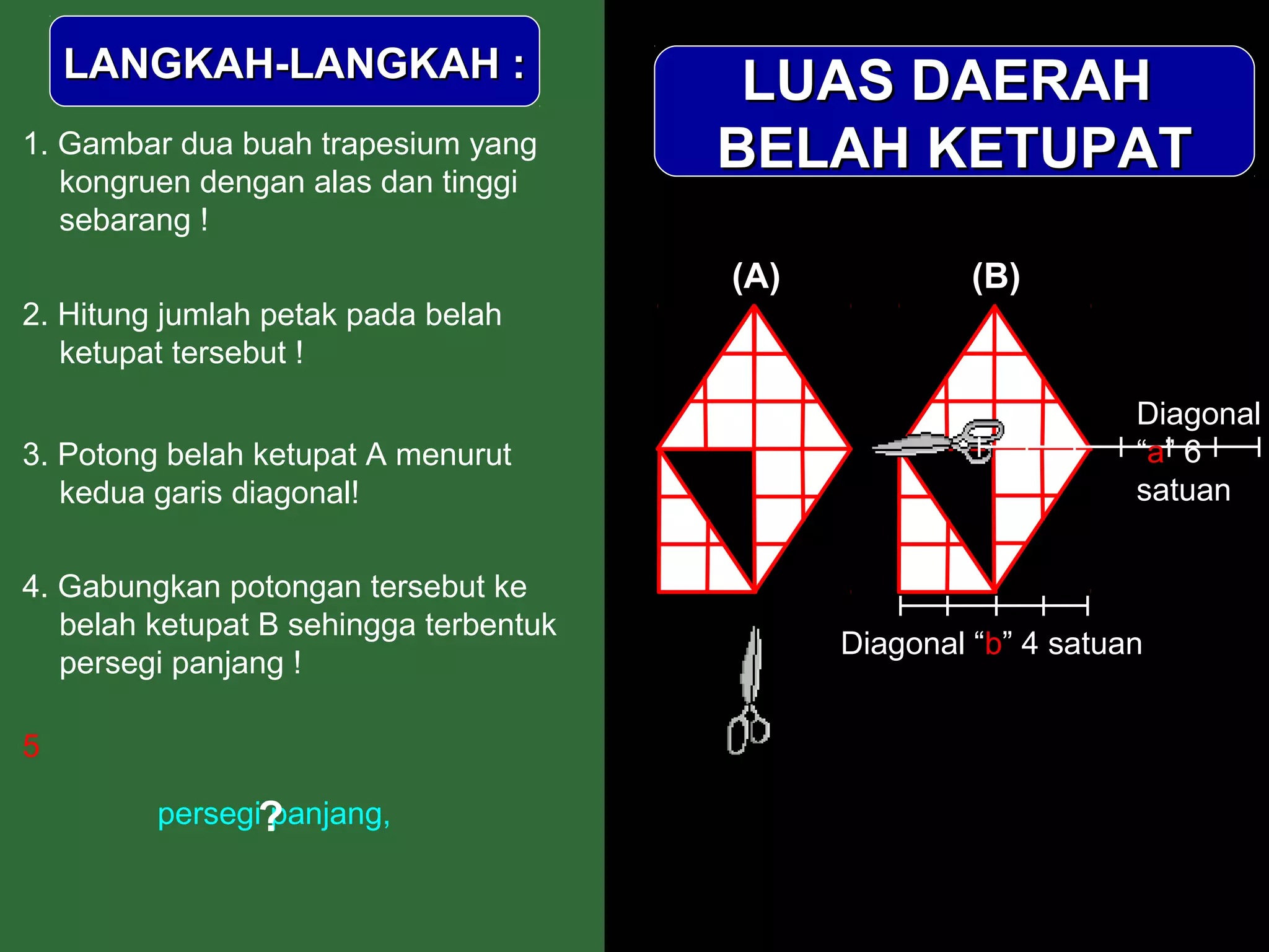 LANGKAH-LANGKAH :
                                         LUAS DAERAH
1. Gambar dua buah trapesium yang
   kongruen dengan alas dan tinggi
                                        BELAH KETUPAT
   sebarang !
                                        (A)            (B)
2. Hitung jumlah petak pada belah
   ketupat tersebut !
                                                                  Diagonal
3. Potong belah ketupat A menurut                                 “a” 6
   kedua garis diagonal!                                          satuan


4. Gabungkan potongan tersebut ke
   belah ketupat B sehingga terbentuk
                                              Diagonal “b” 4 satuan
   persegi panjang !

5

         persegi?
                panjang,
 