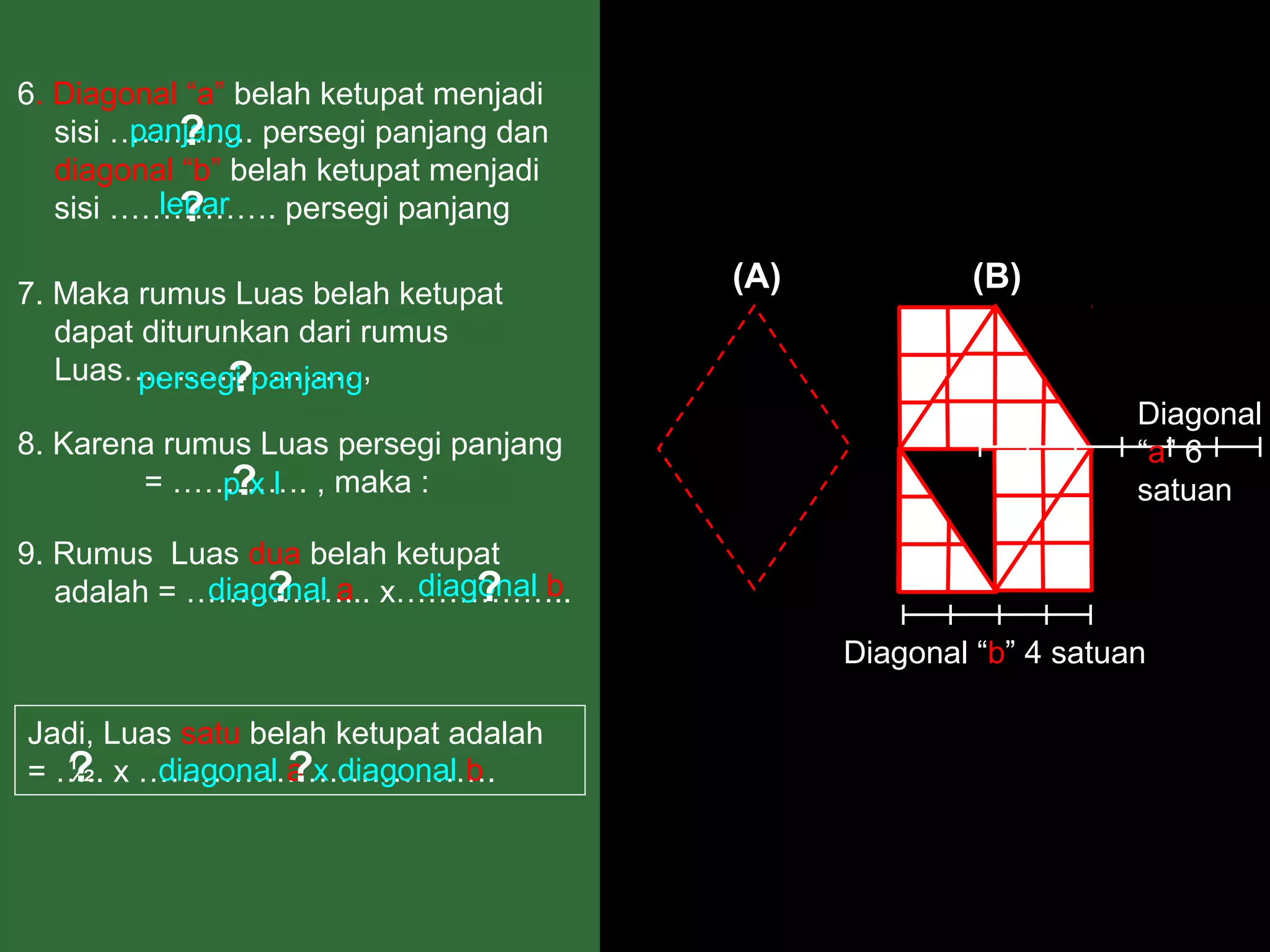6. Diagonal “a” belah ketupat menjadi
             ?
         panjang
   sisi ………….. persegi panjang dan
   diagonal “b” belah ketupat menjadi
             ?
           lebar
   sisi ……………. persegi panjang

7. Maka rumus Luas belah ketupat
                                        (A)           (B)
   dapat diturunkan dari rumus
   Luas…………………. ,
               ?
         persegi panjang
                                                                  Diagonal
8. Karena rumus Luas persegi panjang                              “a” 6
              ?
             pxl
        = …………. , maka :                                          satuan

9. Rumus Luas dua belah ketupat
                 ?
             diagonal a      ?
                         diagonal b
   adalah = ……………... x……………..
                                              Diagonal “b” 4 satuan

Jadi, Luas satu belah ketupat adalah
  ?
  ½               ?
         diagonal a x diagonal b
= ….. x …………………………….
 