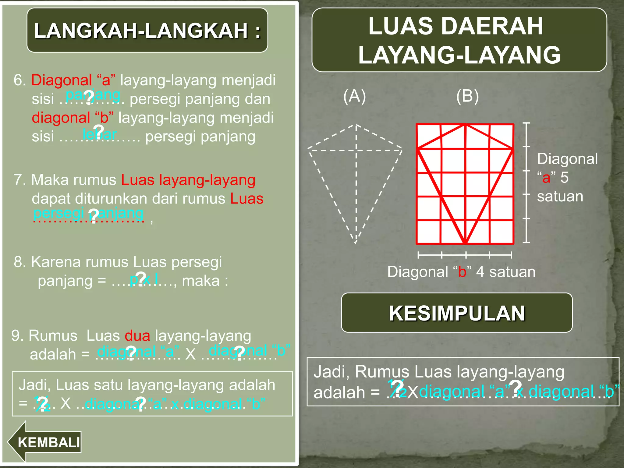 LANGKAH-LANGKAH :                           LUAS DAERAH
                                              LAYANG-LAYANG
6. Diagonal “a” layang-layang menjadi
        panjang
   sisi …………. persegi panjang dan
          ?                                 (A)            (B)
   diagonal “b” layang-layang menjadi
            ?
   sisi ……………. persegi panjang
          lebar
                                                                          Diagonal
7. Maka rumus Luas layang-layang                                          “a” 5
   dapat diturunkan dari rumus Luas                                       satuan
   persegi ?
           panjang
   …………………. ,

8. Karena rumus Luas persegi
                                                  Diagonal “b” 4 satuan
                ?
    panjang = …………, maka :
               pxl

                                                  KESIMPULAN
9. Rumus Luas dua layang-layang
            diagonal “a”  diagonal “b”
   adalah = …………….. X ……………
                ?            ?
                                         Jadi, Rumus Luas layang-layang
 Jadi, Luas satu layang-layang adalah             ½ …………………………...
                                         adalah = … Xdiagonal “a”? diagonal “b”
                                                  ?              x
 = ….. X ……………………………“b”
   ½
   ?      diagonal “a” x diagonal
                  ?
KEMBALI
 