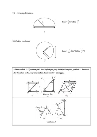 (vi) Setengah Lingkaran
r Luas=
1
2
𝜋𝑟2
atau
πd2
8
d
(viii) Sektor Lingkaran
Luas=
𝜃°
360°
(𝜋𝑟2)𝑎𝑡𝑎𝑢
1
2
𝑟2
𝜃
r
r
Permasalahan 1 . Nyatakan jenis dari segi empat yang ditunjukkan pada gambar 22.6 berikut,
dan tentukan sudut yang dinyatakan dalam simbol a hingga i.
Gambar 3.6
Gambar 3.7
 