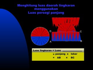 Menghitung luas daerah lingkaran
         menggunakan
     Luas persegi panjang




                    D                      C



                    A                      B


        Luas lingkaran = Luas persegi panjang
                               …………………….
                       = panjang x lebar
                        =   AB   x   BC
 