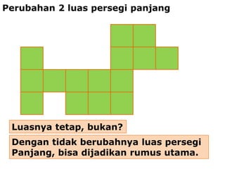 Perubahan 2 luas persegi panjang




 Luasnya tetap, bukan?
 Dengan tidak berubahnya luas persegi
 Panjang, bisa dijadikan rumus utama.
 
