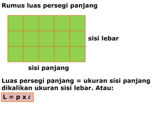 Rumus luas persegi panjang




                        sisi lebar



       sisi panjang

Luas persegi panjang = ukuran sisi panjang
dikalikan ukuran sisi lebar. Atau:
L=pxl
 