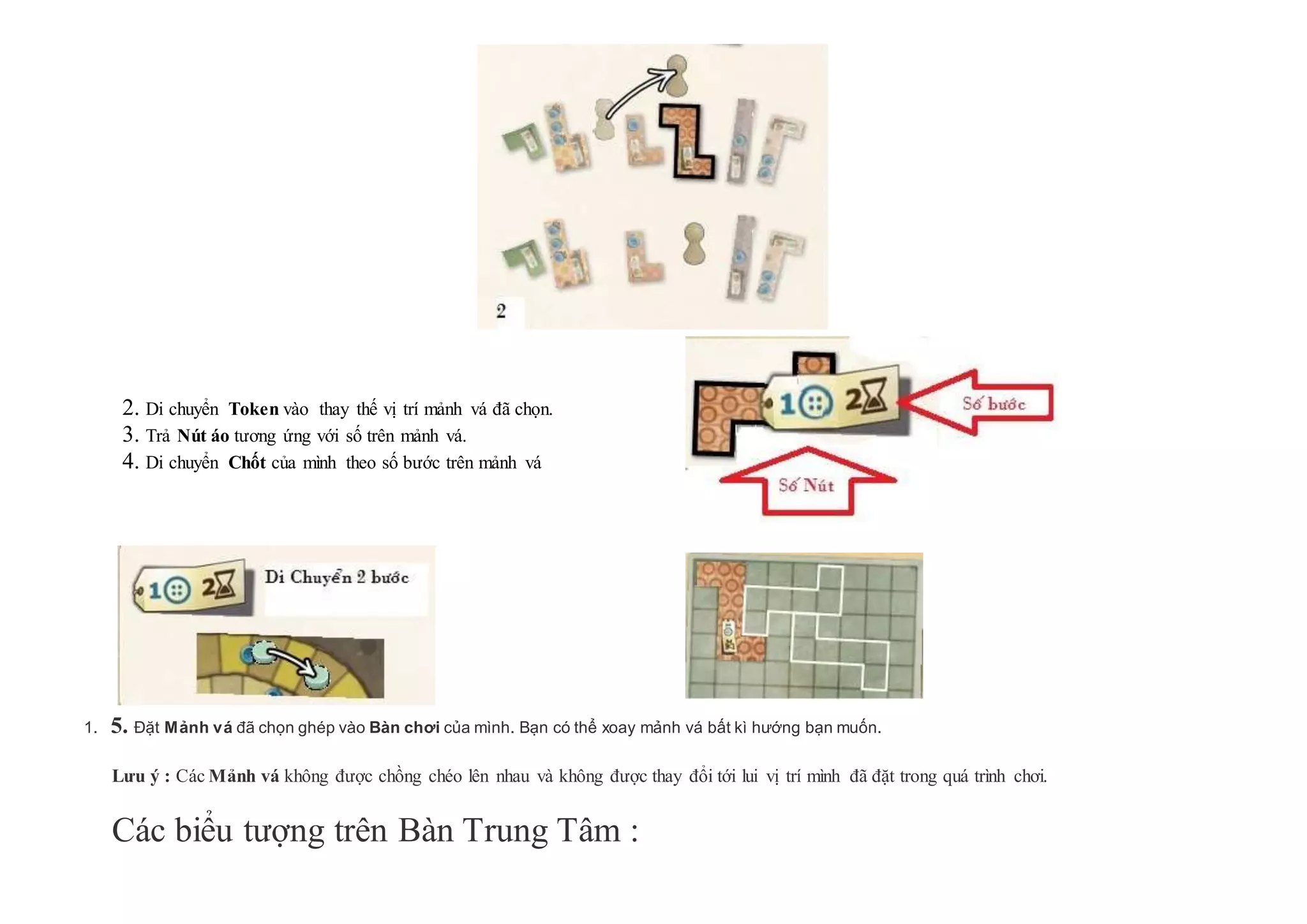 1. 2. Di chuyển Token vào thay thế vị trí mảnh vá đã chọn.
2. 3. Trả Nút áo tương ứng với số trên mảnh vá.
3. 4. Di chuyển Chốt của mình theo số bước trên mảnh vá
1. 5. Đặt Mảnh vá đã chọn ghép vào Bàn chơi của mình. Bạn có thể xoay mảnh vá bất kì hướng bạn muốn.
Lưu ý : Các Mảnh vá không được chồng chéo lên nhau và không được thay đổi tới lui vị trí mình đã đặt trong quá trình chơi.
Các biểu tượng trên Bàn Trung Tâm :
 