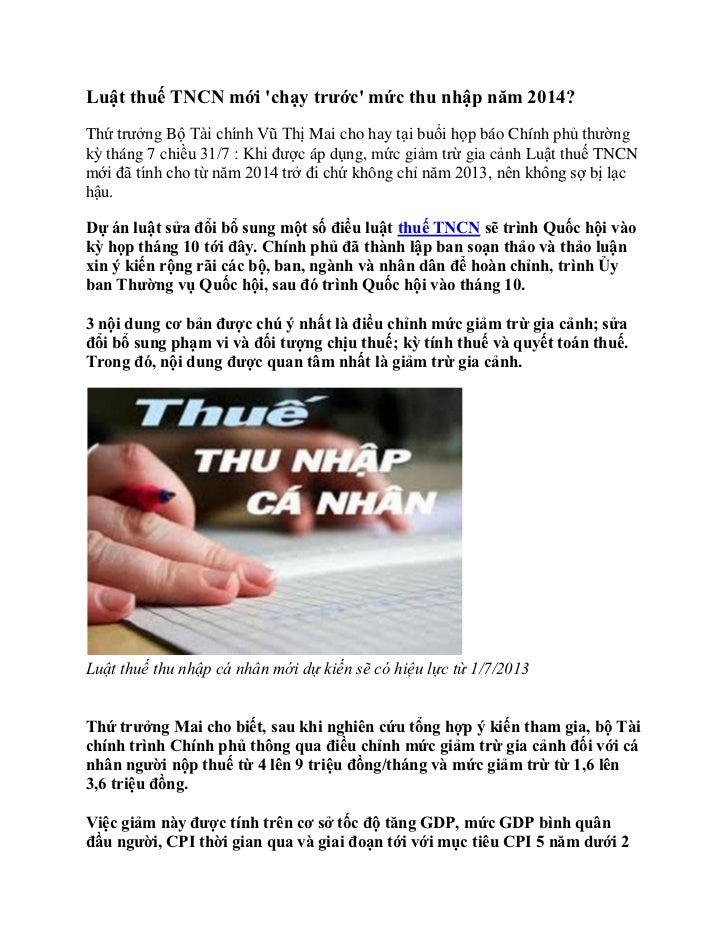 Luat thue thu nhap ca nhan moi chay truoc muc thu nhap 2014