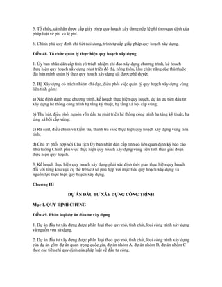 5. Tổ chức, cá nhân được cấp giấy phép quy hoạch xây dựng nộp lệ phí theo quy định của
pháp luật về phí và lệ phí.
6. Chính phủ quy định chi tiết nội dung, trình tự cấp giấy phép quy hoạch xây dựng.
Điều 48. Tổ chức quản lý thực hiện quy hoạch xây dựng
1. Ủy ban nhân dân cấp tỉnh có trách nhiệm chỉ đạo xây dựng chương trình, kế hoạch
thực hiện quy hoạch xây dựng phát triển đô thị, nông thôn, khu chức năng đặc thù thuộc
địa bàn mình quản lý theo quy hoạch xây dựng đã được phê duyệt.
2. Bộ Xây dựng có trách nhiệm chỉ đạo, điều phối việc quản lý quy hoạch xây dựng vùng
liên tỉnh gồm:
a) Xác định danh mục chương trình, kế hoạch thực hiện quy hoạch, dự án ưu tiên đầu tư
xây dựng hệ thống công trình hạ tầng kỹ thuật, hạ tầng xã hội cấp vùng;
b) Thu hút, điều phối nguồn vốn đầu tư phát triển hệ thống công trình hạ tầng kỹ thuật, hạ
tầng xã hội cấp vùng;
c) Rà soát, điều chỉnh và kiểm tra, thanh tra việc thực hiện quy hoạch xây dựng vùng liên
tỉnh;
d) Chủ trì phối hợp với Chủ tịch Ủy ban nhân dân cấp tỉnh có liên quan định kỳ báo cáo
Thủ tướng Chính phủ việc thực hiện quy hoạch xây dựng vùng liên tỉnh theo giai đoạn
thực hiện quy hoạch.
3. Kế hoạch thực hiện quy hoạch xây dựng phải xác định thời gian thực hiện quy hoạch
đối với từng khu vực cụ thể trên cơ sở phù hợp với mục tiêu quy hoạch xây dựng và
nguồn lực thực hiện quy hoạch xây dựng.
Chương III
DỰ ÁN ĐẦU TƯ XÂY DỰNG CÔNG TRÌNH
Mục 1. QUY ĐỊNH CHUNG
Điều 49. Phân loại dự án đầu tư xây dựng
1. Dự án đầu tư xây dựng được phân loại theo quy mô, tính chất, loại công trình xây dựng
và nguồn vốn sử dụng.
2. Dự án đầu tư xây dựng được phân loại theo quy mô, tính chất, loại công trình xây dựng
của dự án gồm dự án quan trọng quốc gia, dự án nhóm A, dự án nhóm B, dự án nhóm C
theo các tiêu chí quy định của pháp luật về đầu tư công.
 