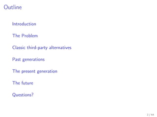 Outline
Introduction
The Problem
Classic third-party alternatives
Past generations
The present generation
The future
Quest...