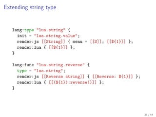 Extending string type

lang:type "lua.string" {
init = "lua.string.value";
render:js [[String]] { menu = [[S]]; [[${1}]] }...