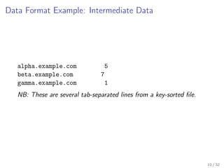 Data Format Example: Intermediate Data
alpha.example.com 5
beta.example.com 7
gamma.example.com 1
NB: These are several tab-separated lines from a key-sorted ﬁle.
10 / 32
 