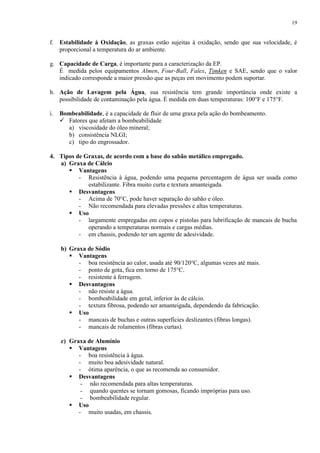 19

f. Estabilidade à Oxidação, as graxas estão sujeitas à oxidação, sendo que sua velocidade, é
proporcional a temperatura do ar ambiente.
g. Capacidade de Carga, é importante para a caracterização da EP.
É medida pelos equipamentos Almen, Four-Ball, Falex, Timken e SAE, sendo que o valor
indicado corresponde a maior pressão que as peças em movimento podem suportar.
h. Ação de Lavagem pela Água, sua resistência tem grande importância onde existe a
possibilidade de contaminação pela água. É medida em duas temperaturas: 100°F e 175°F.
i.

Bombeabilidade, é a capacidade de fluir de uma graxa pela ação do bombeamento.
 Fatores que afetam a bombeabilidade
a) viscosidade do óleo mineral;
b) consistência NLGI;
c) tipo do engrossador.

4. Tipos de Graxas, de acordo com a base do sabão metálico empregado.
a) Graxa de Cálcio
 Vantagens
- Resistência à água, podendo uma pequena percentagem de água ser usada como
estabilizante. Fibra muito curta e textura amanteigada.
 Desvantagens
- Acima de 70°C, pode haver separação do sabão e óleo.
- Não recomendada para elevadas pressões e altas temperaturas.
 Uso
- largamente empregadas em copos e pistolas para lubrificação de mancais de bucha
operando a temperaturas normais e cargas médias.
- em chassis, podendo ter um agente de adesividade.
b) Graxa de Sódio
 Vantagens
- boa resistência ao calor, usada até 90/120°C, algumas vezes até mais.
- ponto de gota, fica em torno de 175°C.
- resistente à ferrugem.
 Desvantagens
- não resiste a água.
- bombeabilidade em geral, inferior às de cálcio.
- textura fibrosa, podendo ser amanteigada, dependendo da fabricação.
 Uso
- mancais de buchas e outras superfícies deslizantes (fibras longas).
- mancais de rolamentos (fibras curtas).
c) Graxa de Alumínio
 Vantagens
- boa resistência à água.
- muito boa adesividade natural.
- ótima aparência, o que as recomenda ao consumidor.
 Desvantagens
- não recomendada para altas temperaturas.
- quando quentes se tornam gomosas, ficando impróprias para uso.
- bombeabilidade regular.
 Uso
- muito usadas, em chassis.

 