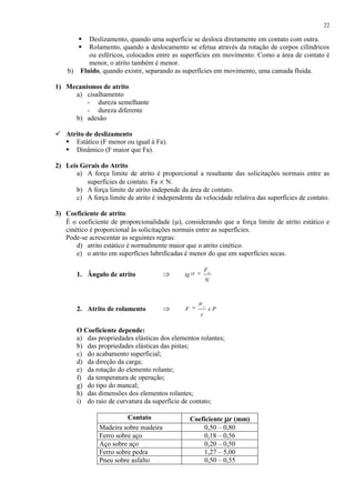 22




b)

Deslizamento, quando uma superfície se desloca diretamente em contato com outra.
Rolamento, quando a deslocamento se efetua através da rotação de corpos cilíndricos
ou esféricos, colocados entre as superfícies em movimento. Como a área de contato é
menor, o atrito também é menor.
Fluido, quando existir, separando as superfícies em movimento, uma camada fluida.

1) Mecanismos de atrito
a) cisalhamento
- dureza semelhante
- dureza diferente
b) adesão
 Atrito de deslizamento
 Estático (F menor ou igual à Fa).
 Dinâmico (F maior que Fa).
2) Leis Gerais do Atrito
a) A força limite de atrito é proporcional a resultante das solicitações normais entre as
superfícies de contato. Fa N.
b) A força limite de atrito independe da área de contato.
c) A força limite de atrito é independente da velocidade relativa das superfícies de contato.
3) Coeficiente de atrito
É o coeficiente de proporcionalidade ( ), considerando que a força limite de atrito estático e
cinético é proporcional às solicitações normais entre as superfícies.
Pode-se acrescentar as seguintes regras:
d) atrito estático é normalmente maior que o atrito cinético.
e) o atrito em superfícies lubrificadas é menor do que em superfícies secas.
1. Ângulo de atrito

2. Atrito de rolamento

Fa

tg

F

N

r

xP

r

O Coeficiente depende:
a) das propriedades elásticas dos elementos rolantes;
b) das propriedades elásticas das pistas;
c) do acabamento superficial;
d) da direção da carga;
e) da rotação do elemento rolante;
f) da temperatura de operação;
g) do tipo do mancal;
h) das dimensões dos elementos rolantes;
i) do raio de curvatura da superfície de contato;
Contato
Madeira sobre madeira
Ferro sobre aço
Aço sobre aço
Ferro sobre pedra
Pneu sobre asfalto

Coeficiente r (mm)
0,50 – 0,80
0,18 – 0,56
0,20 – 0,50
1,27 – 5,00
0,50 – 0,55

 