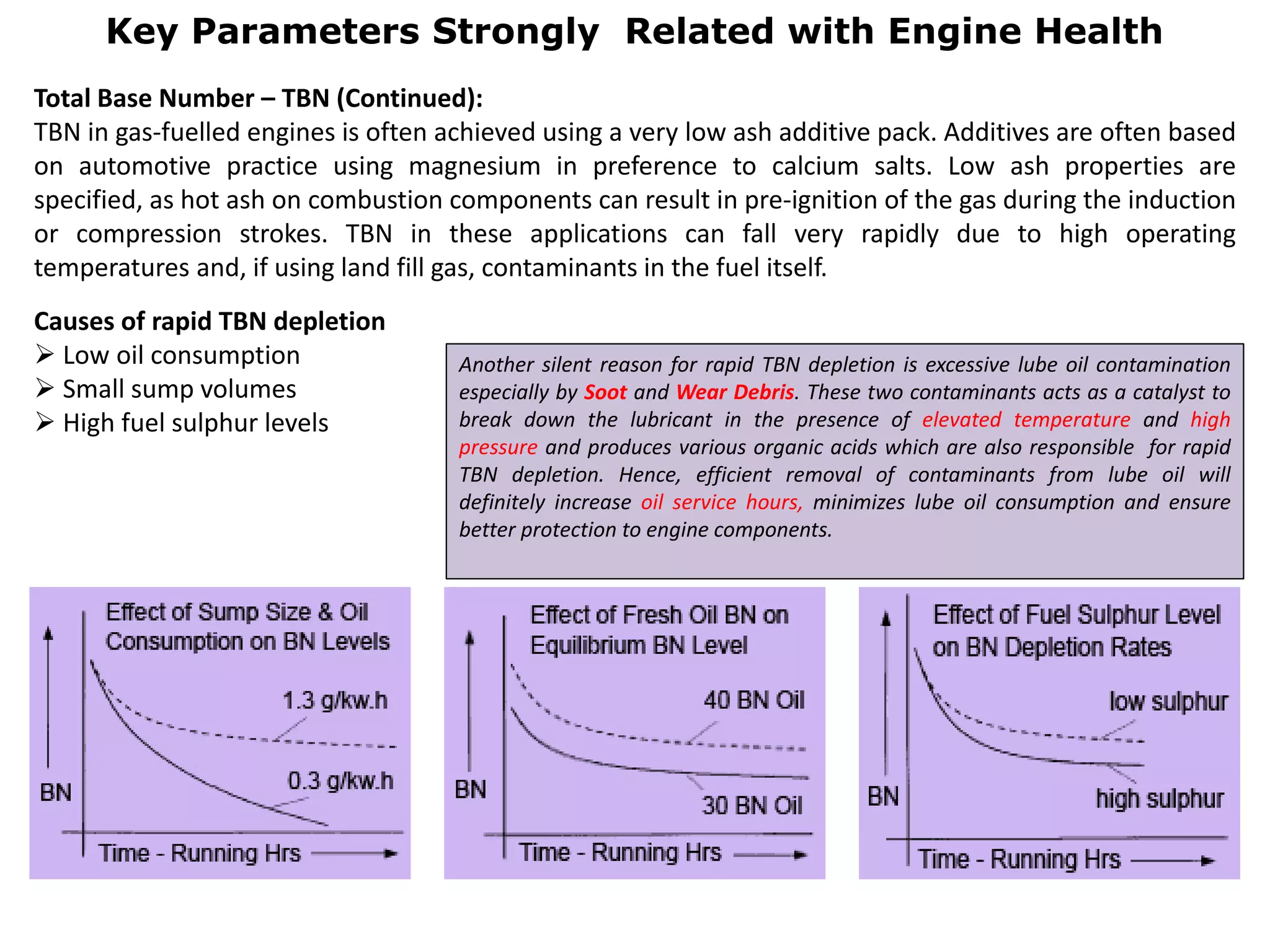 Key Parameters Strongly Related with Engine Health
Total Base Number – TBN (Continued):
TBN in gas-fuelled engines is often achieved using a very low ash additive pack. Additives are often based
on automotive practice using magnesium in preference to calcium salts. Low ash properties are
specified, as hot ash on combustion components can result in pre-ignition of the gas during the induction
or compression strokes. TBN in these applications can fall very rapidly due to high operating
temperatures and, if using land fill gas, contaminants in the fuel itself.
Causes of rapid TBN depletion
 Low oil consumption
 Small sump volumes
 High fuel sulphur levels
Another silent reason for rapid TBN depletion is excessive lube oil contamination
especially by Soot and Wear Debris. These two contaminants acts as a catalyst to
break down the lubricant in the presence of elevated temperature and high
pressure and produces various organic acids which are also responsible for rapid
TBN depletion. Hence, efficient removal of contaminants from lube oil will
definitely increase oil service hours, minimizes lube oil consumption and ensure
better protection to engine components.
 